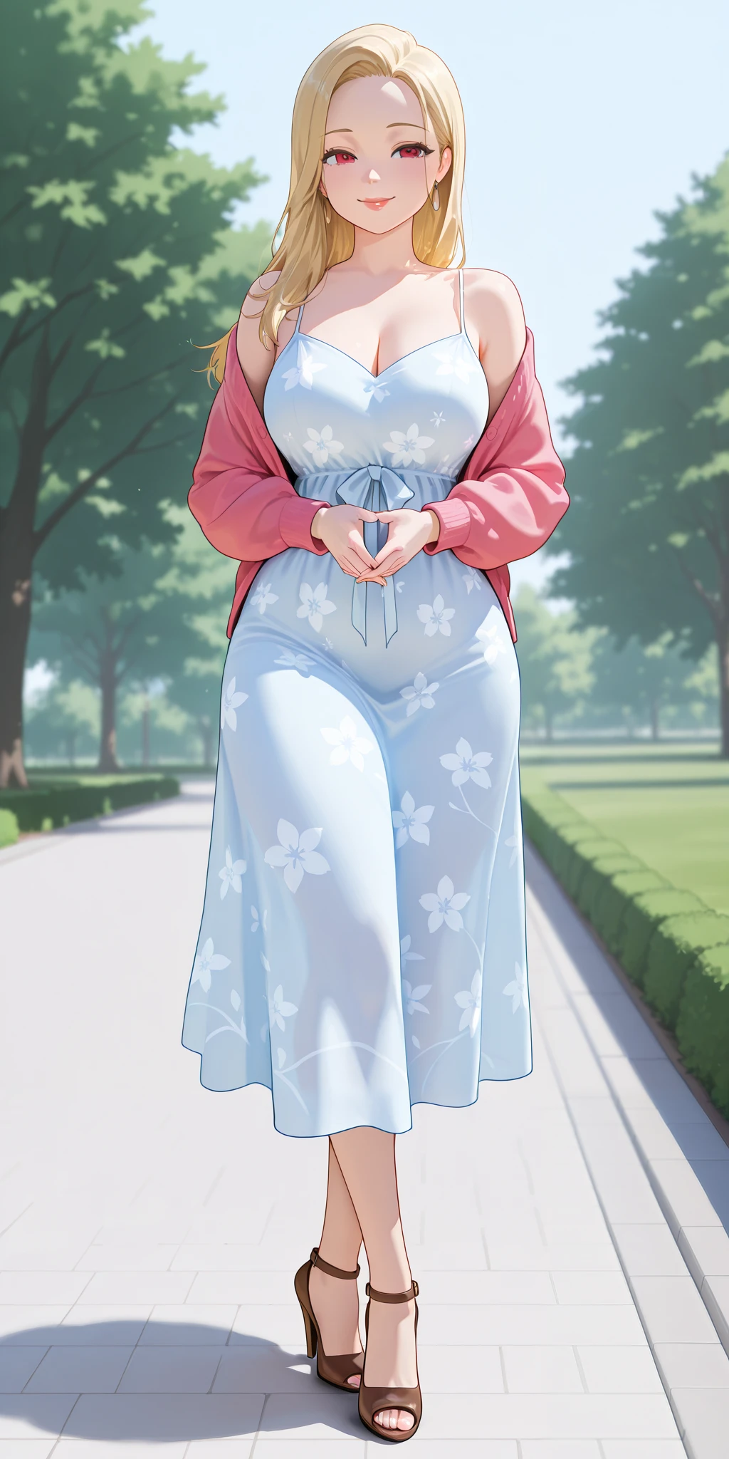 An extremely beautiful woman with blonde hair. She has extremely fair white natural skin, red plump lips, big blue eyes, and a slim yet curvy body. She's wearing a long white floral dress with spaghetti straps, a pink front-open sweater worn in an off-shoulder style, and brown heels. She's standing straight, smiling, hands joined together, park background, show full body.