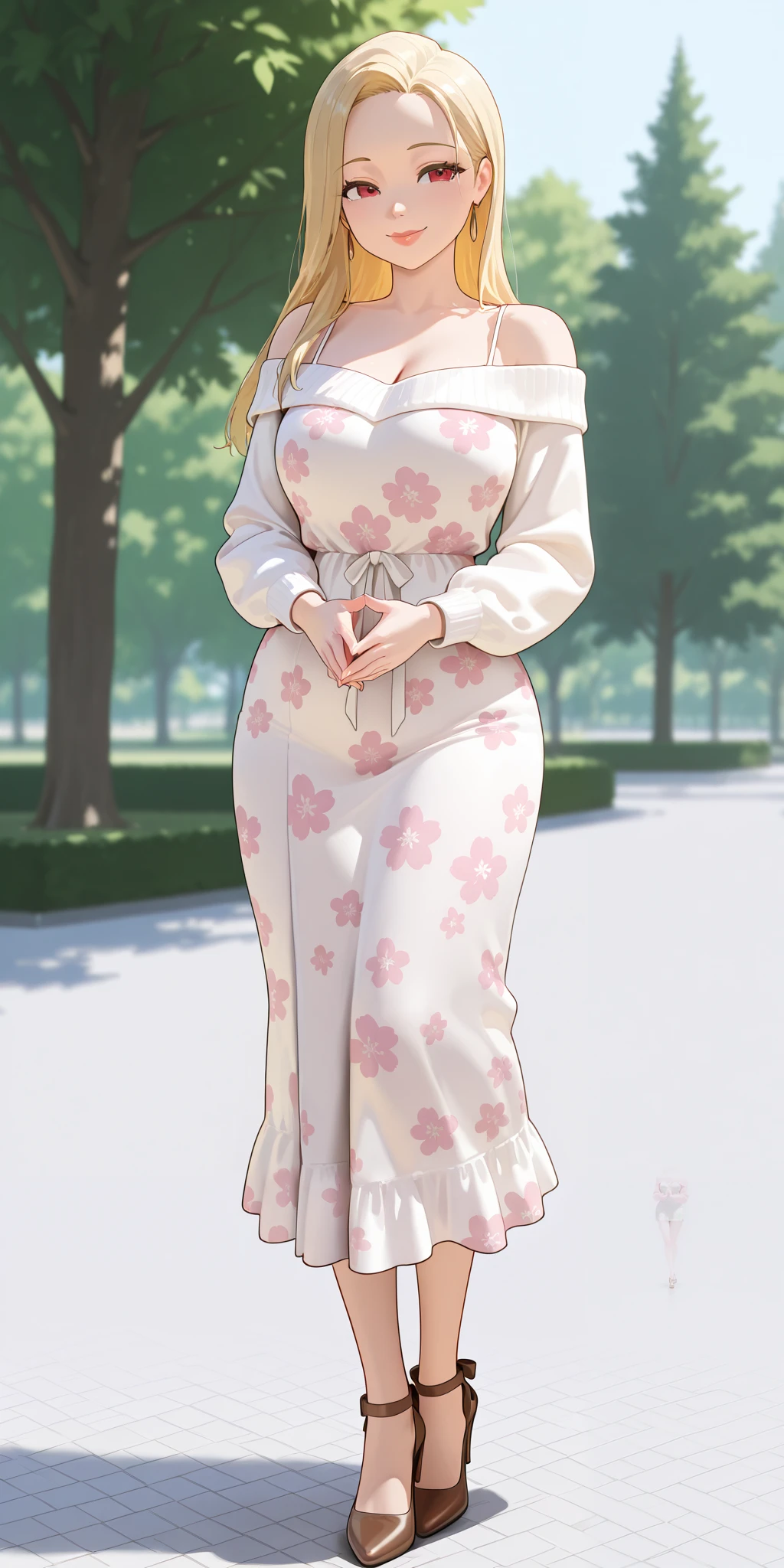 An extremely beautiful woman with blonde hair. She has extremely fair white natural skin, red plump lips, big blue eyes, and a slim yet curvy body. She's wearing a long white floral dress with spaghetti straps, a pink front-open sweater worn in an off-shoulder style, and brown heels. She's standing straight, smiling, hands joined together, park background, show full body.