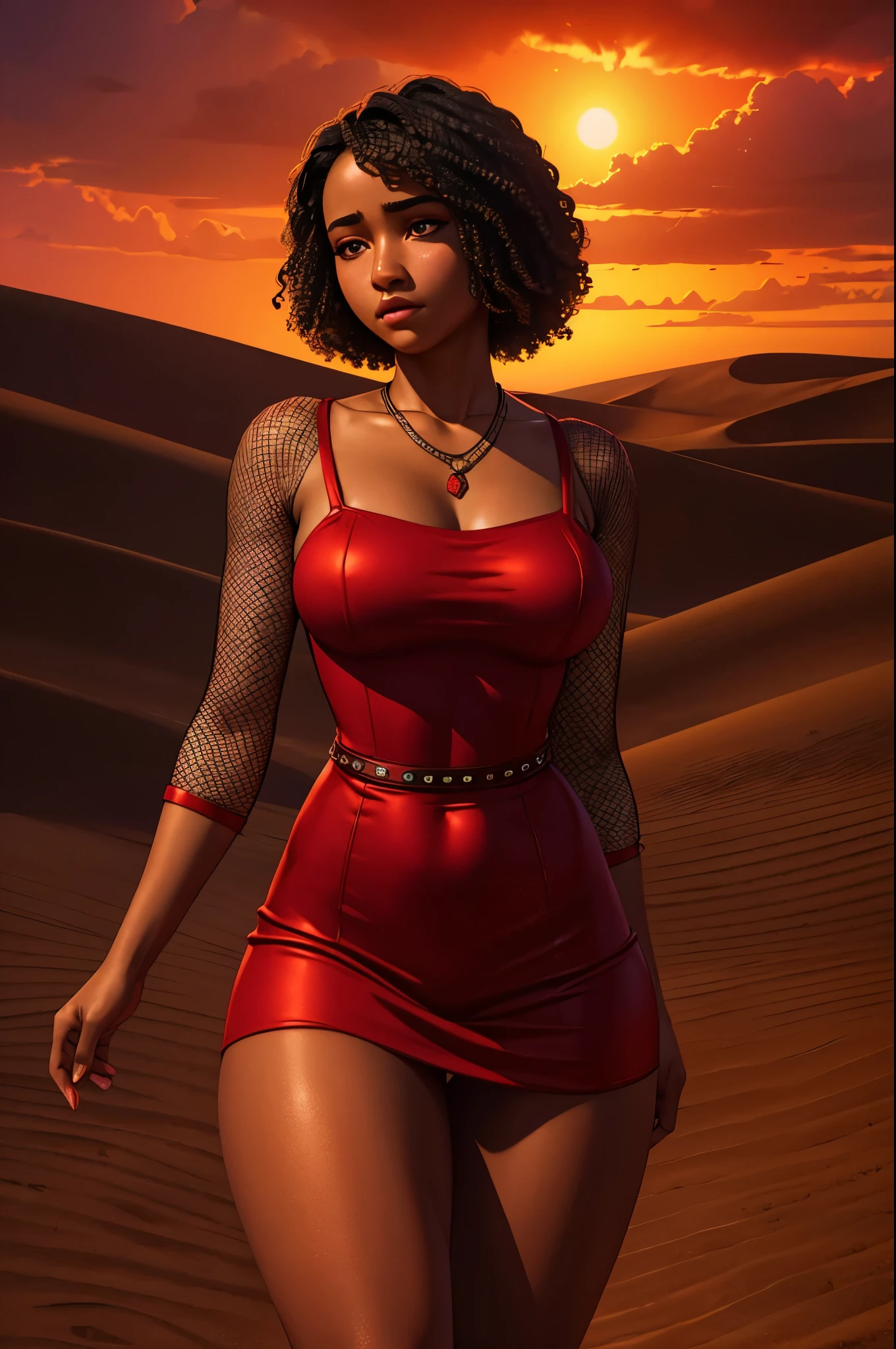 19-year-old woman, dark skin, short curly hair down to her shoulders, dressed in a red minidress, clubbing outfit, apocalyptic wasteland, daytime, good lighting, desert, rusted hulks