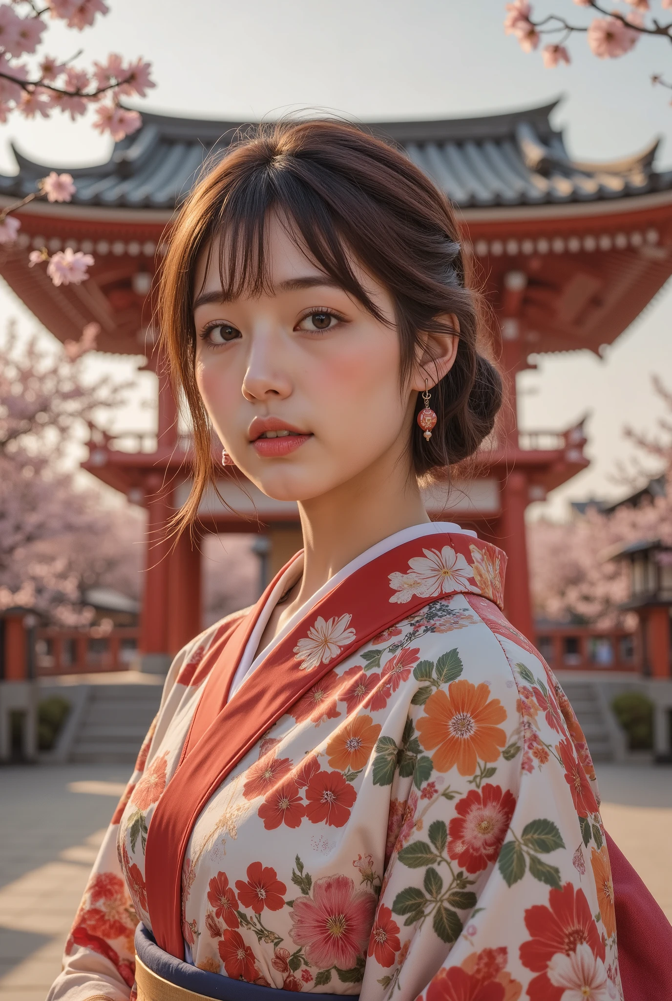   Professional Lighting, (Photo  by Nomi:1.4), (Top image  quality:1.0), (super A  high resolution:1.0), ( in Ruhua Street:1.4), 8k,  Raw  photosy, (​ Masterpiece:0.2), (pureerosface_v1:0.5), (最高 quality Detail:1.2),  by Nomi,  8k uhd,  high resolution, ( 1 girl:1.2),  super detailed, High  quality textures,  intricate details,   VERY DETAILED CG , High  quality shadows,   Detail Beautiful Delicate Face Wearing Black Leather Outfit ,  Beautiful Delicate Eyes , ( symmetrical eyes:1.2),  depth of field,  ray tracing,  Japanese girl, (Natural smile:1.4),  cute, slender,  Portrait of a beautiful Japanese woman wearing a kimono , Standing in a graceful pose at a traditional shrine,  Kimono has vivid traditional patterns ,  gentle expression, (With the shrine in full bloom as a backdrop:1.4), Shoot at an angle from below, The soft light of a spring afternoon, Adding tranquility to the scene, ((A little wind is blowing,  hair fluttering , And the cherry blossom petals flutter:1.4)), Render in a  by Nomi style with meticulous attention to detail,  high resolution,  magic hour , ( by Nomi:1.3), Detailed,  quality, ( Masterpiece:1.2), (Photo by Nomi:1.2), (最高 quality), ( intricate details), dramatic,  ray tracing,  photos, ((( highly revealing ))), ((smile)), (((from below:1.5))),
