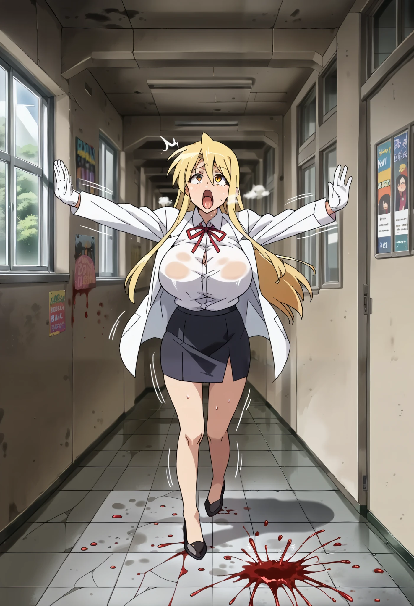 score_9, score_8_up, score_7_up, source_anime, outdoors, Shizuka Marikawa,, illustration, (1girl, 1faceless bald fat student:1.35), shizuka_marikawa, blonde hair, yellow eyes, long hair, low-tied long hair, hair between eyes, sidelocks, long sleeve, white shirt, collared shirt, red ribbon, neck ribbon, black skirt, short skirt, pencil skirt, heels, vinyl gloves, lab coat, (indoors, school, interior of school hallway, interior of school corridor, ceramic floor, concrete walls, doors on one side, windows), ((dark atmosphere:1.4, dark interior:1.4, dark indoors:1.4, dark room:1.4, moon night)), (ultra huge breasts:1.3, ultra huge tits:1.3, ultra huge boobs:1.3, ultra huge cleavages:1.3), (nsfw:1.3, sweat face:1.3, steam:1.35), (motion lines:1.4, movement lines:1.4, speed lines:1.4, piston lines:1.4, action lines:1.4), yawn, open eyes, open mouth widely, saliva drooping, fear, scary, (ultra realistic run away motion:1.3, ultra detailed escape scene:1.3), (((spilled out bloods on floor, splatter bloods on walls))),