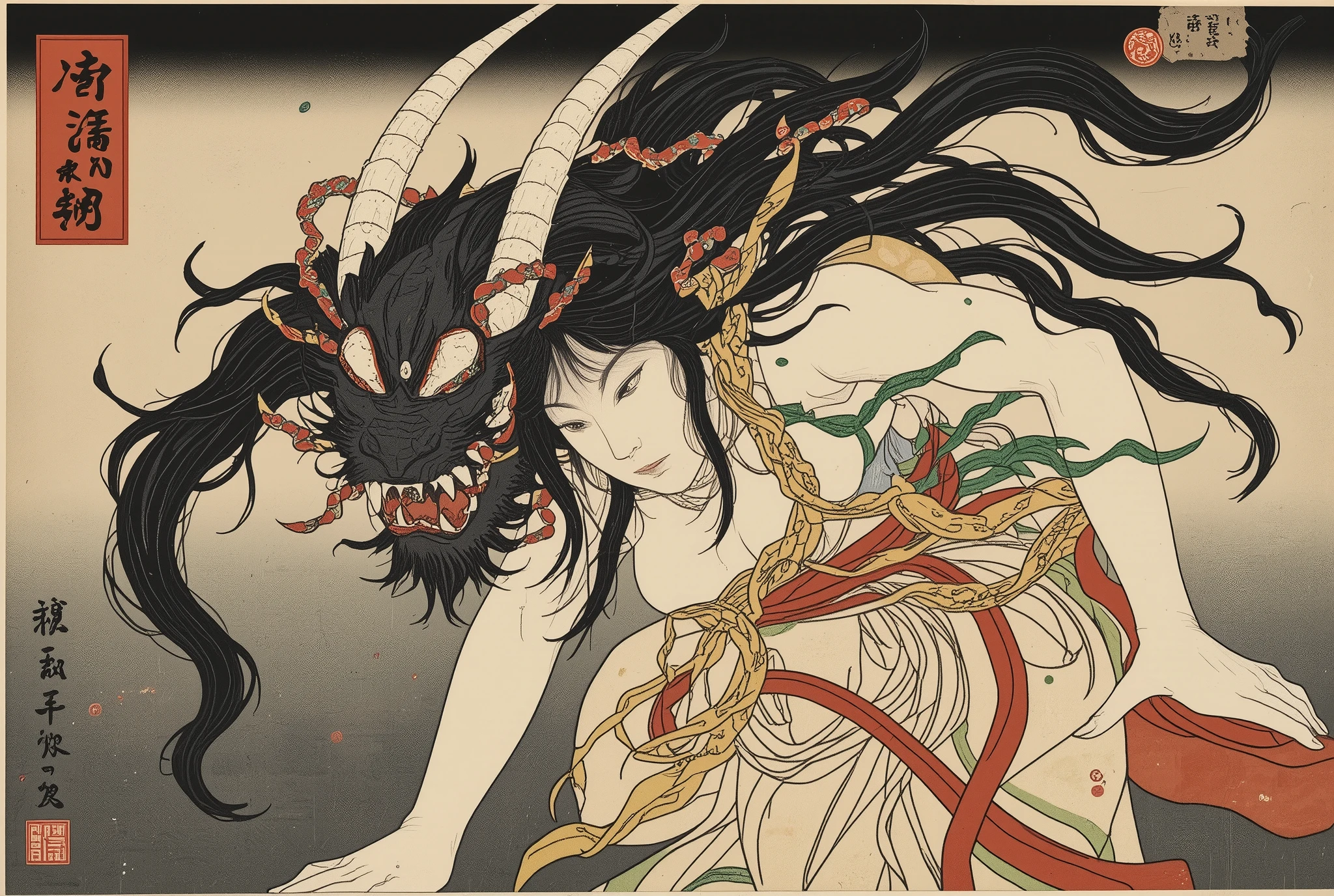 (( masterpiece)), ink painting style, top quality, ((illustration)), original, very detailed wallpaper ,((( Ukiyo-e))), ( sketch),(( Wash Paint)),(( ink scattering with BE)),((((dyeing)))),(( Ukiyo-e)),(( Katsushika Kitasai ))), ( sketch),( Wash Paint),( ink scattering with BE),dyeing,(( Ukiyo-e)), ((a mythical ferocious animal)),{{Momome demon}},{{ Terrible Onna no Yo-kai}},{{I have eyes all over my body}},( a woman with long hair ),(Alone),Mountain,A big, strong , He Stuck {x} An Old Japanese Monster Parade, Ukiyo-eスタイルと水墨画の要素を含む,