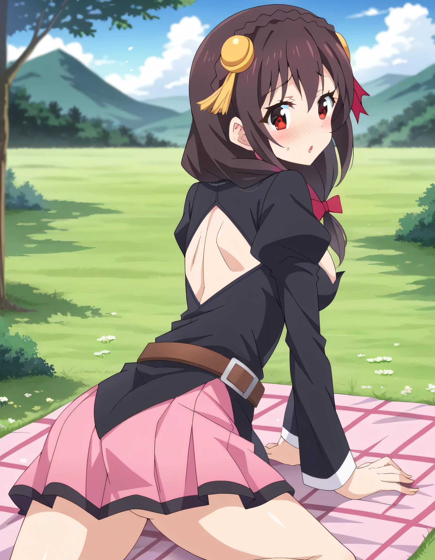 high image quality, high quality、
Yunyun、 black hair, Hair Accessory , red eyes, , braided, crown braided,
skirt, thighs, Long Sleeve, tie, belt, Outfit Cutout, cleavage cutout, pink tie,( shyly opens her mouth and laughs)、(The background is cherry blossoms and grassland)、blue sky、 view viewer、(blush)、(Looking Back)、 picnic 、outside