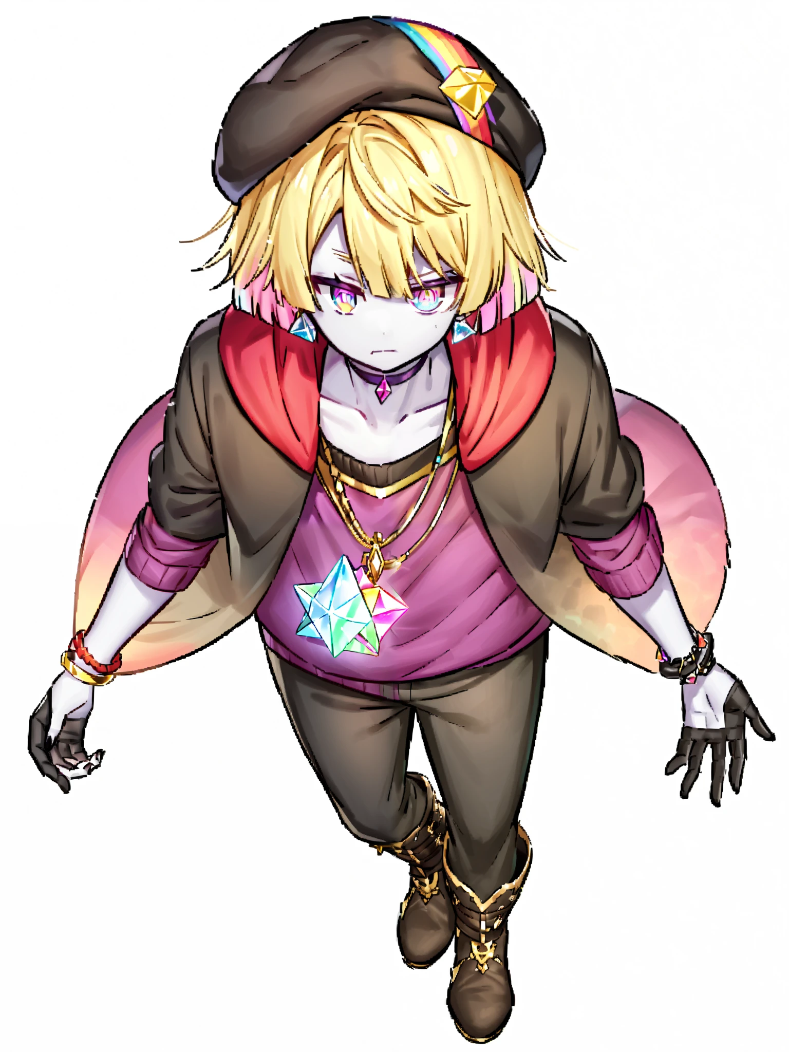 An boy with pale skin, with a more gothic air in his essence, with a more serious face.. his eyes are rainbows . He wears a necklace that has a small cyan crystal in the geometric shape of an octahedron. a bluish choker , bracelets on both black hands, She has long golden hair with pink highlights . has a blue earring and is wearing a large, old black beret patched on his head very flashy
He is wearing a winter outfit with an all-black sweater with a dark purple shirt, boots , black pants.
full body. seen from above,