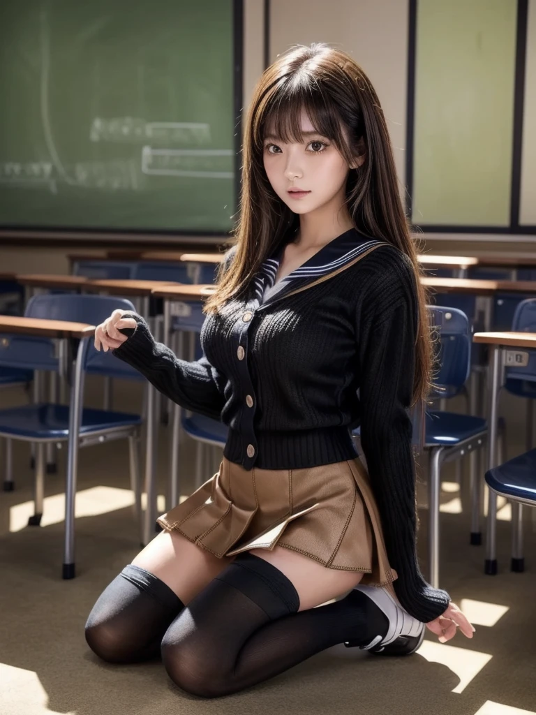 Pretty girl standing, thin legs, high heels on the ground, classroom, (masterpiece:1.3), (8k, photorealistic, RAW photo, best quality: 1.4), (1girl), beautiful face, (realistic face), black hair, long hair, beautiful hairstyle, realistic eyes, pretty detailed eyes, realistic skin, beautiful skin, super high resolution, super realistic, very detailed, golden ratio, cute, cute female teacher, high school girl in jk uniform, surreal high school girl, short skirt, tight skirt, pantyhose, black stockings, full body view, thin arms, big breasts