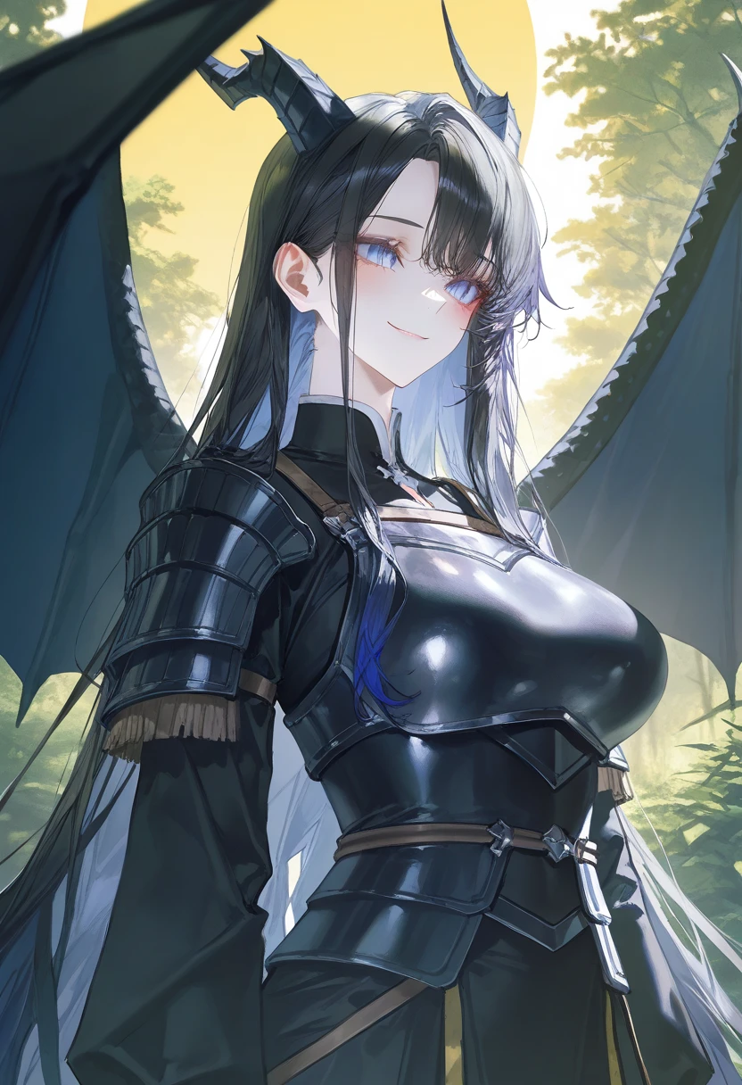 A tall anime girl. black hair, long and straight. white eyes. dragon armor. manga drawing style