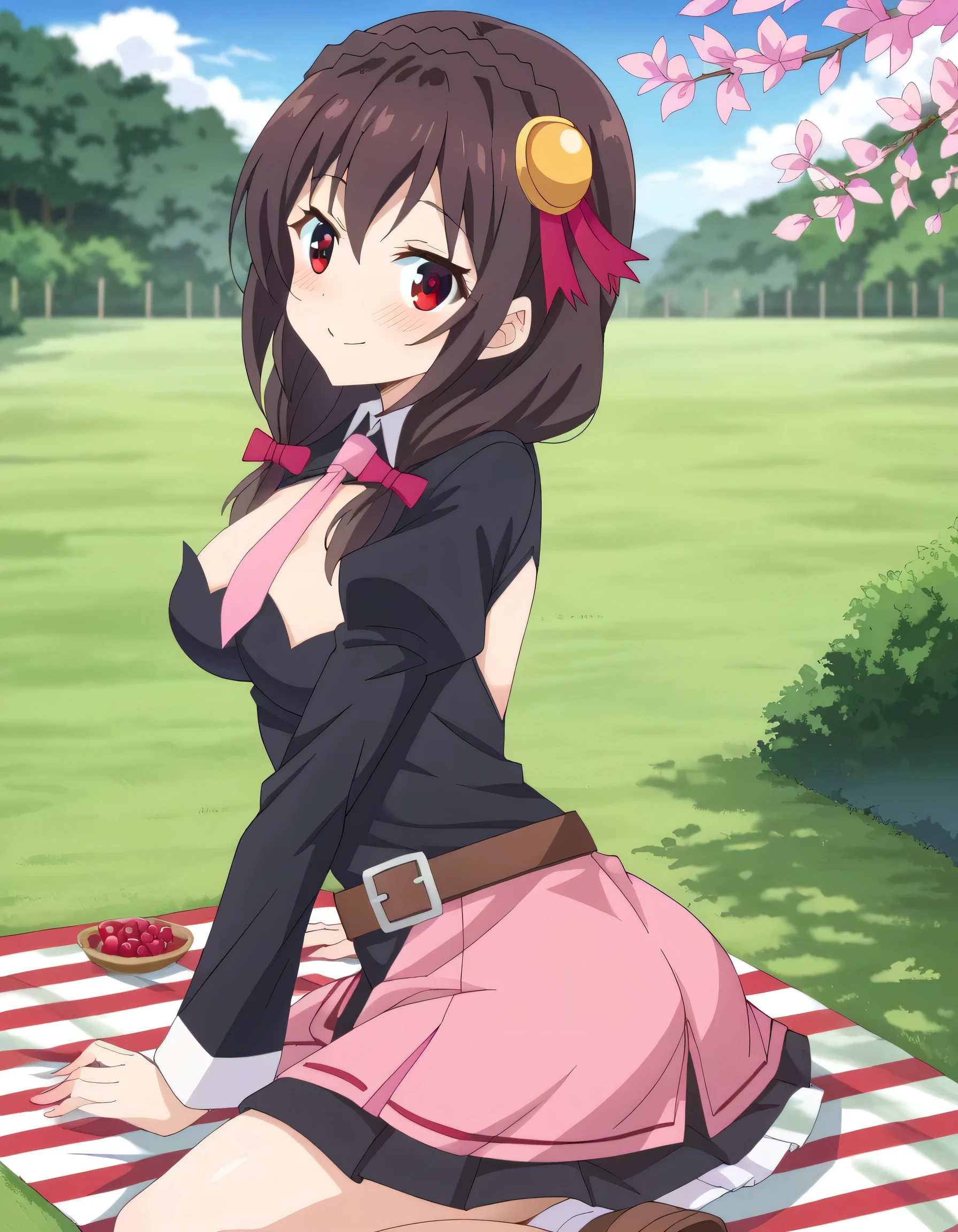 (masterpiece, Highest quality), One girl, Yunyun,Long Hair,Braiding,Twin tails,Hair between the eyes,Red hair ribbon,hair ornaments,large round breasts,、Pink Skirt、Black Hair、Crown Blade,Black Shirt, Long sleeve,Pink tie, belt, Cleavage cutout、Above the knee、(blush:1.2)、Young face、(smile)、Physical education sitting on the lawn、View the viewer
