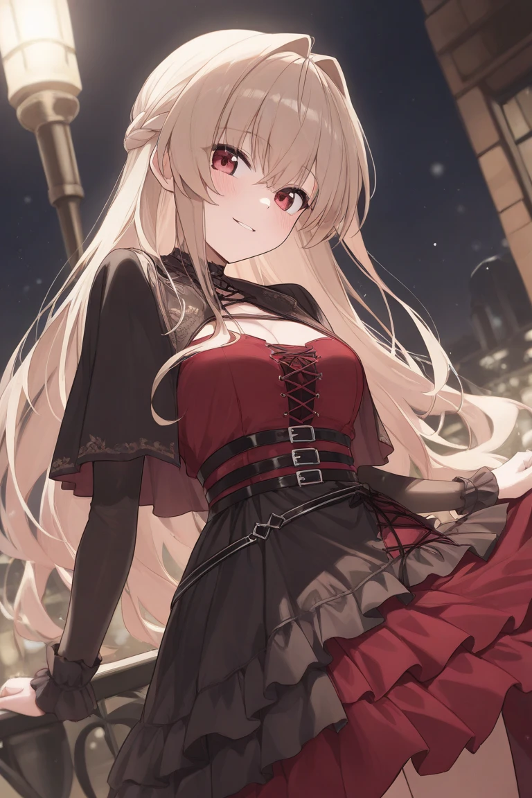 (8k,High resolution,masterpiece, accurate, Anatomically correct, Winner of numerous awards, 最high quality, High-resolution model, high quality, High detail, Very detailed:1.3)One person,16 year old girl,red eye(Big eyes)(Drooping eyes)
(pink sexy lips:1.2)Blushing,Hilda Hopes, smile,View your viewers, Hair Bun,blonde,Twin tails,dress, Red gloves, boots, Hoop Earrings,Large Breasts, (Cleavage)(grassland at sunset:1.0)(under the big tree)red and black dress,mini skirt