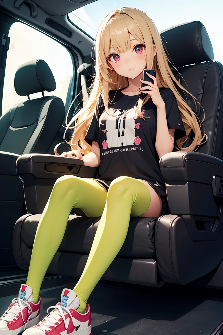 an anime girl with her arms behind her back, dressed as a prisoner, in inside car, 1 girl, full body, alone, long hair, looking at viewer, shirt, red eyes, blonde hair, loose hair, blush, sitting in a car, dressed in a striped t-shirt, with horizontal stripes, black and white striped shirt, big breasts, long sleeves, with (arms behind the back), no pants, bare legs, white sneakers.