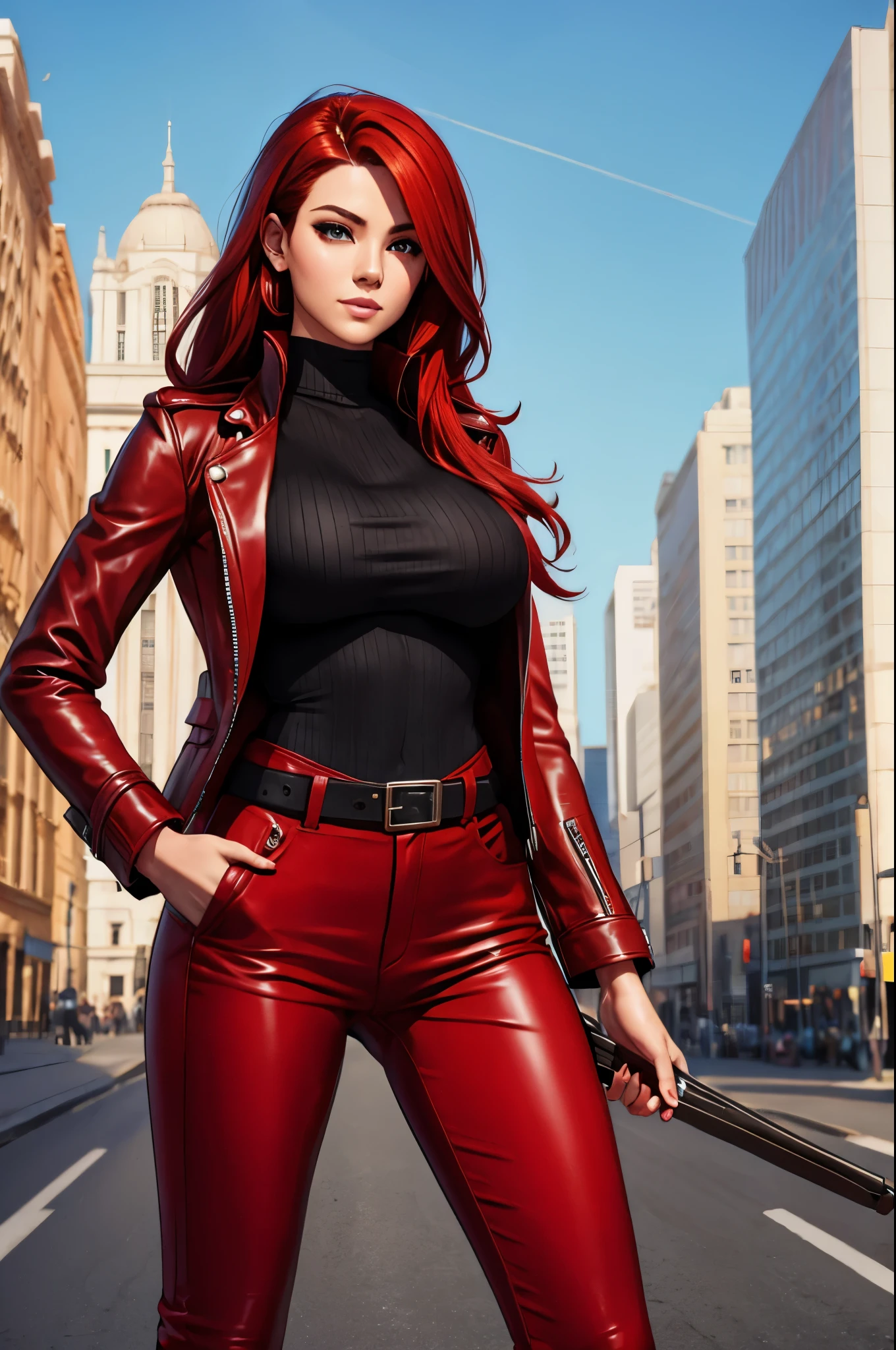 There is a woman in a red leather jacket and black top - SeaArt AI