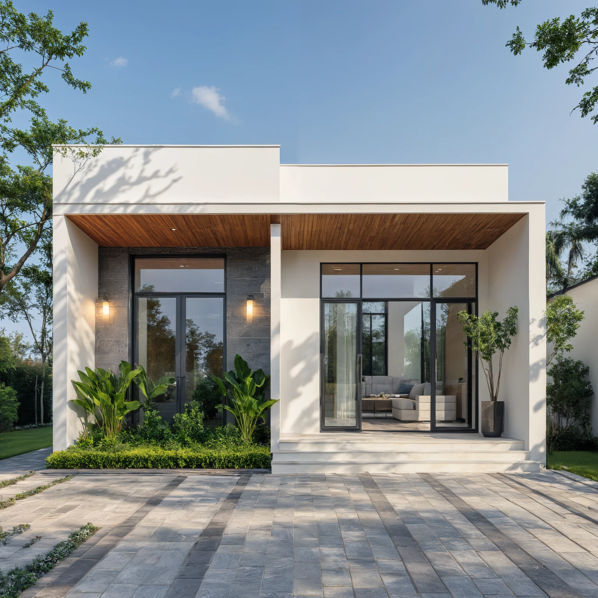 1 morden WHITE house,1large yard, 1 road runs in front of the house, (RAW photo, real, best quality, masterpiece:1.2), look morden minimalist, 1 road in front of the house, the exterior of an elegant single family home features large windows, ((a dark gray door frame)), dynamic lighting:1.3, (hyper realistic, photo-realistic:1.2), high quality, (dark lighting:1.2), perfect lighting, archdaily, no human, light at 12 noon, warm light in door:1.4, blue sky:1.3, shimering lighting:1.2, 