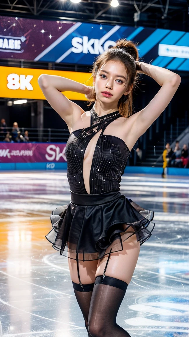 (smile))、Confused、RAW Photos、(((The ultimate portrait masterpiece)))、((The cutest girl in the world:1.4))、1 girl、12 years old、Japanese、Cute face、((Silky Hair))、(A high ponytail tied with a ribbon:1.4)、((Super huge breasts:0.3))、((Eyes that shine like jewels))、Glowing Skin、(young woman),Thin ribbon、(Uniforms made from high-quality fabrics:1.4)、Ultra-detailed uniforms、(She shyly pulls up her skirt:1.3),((Crotch from the front))、A skirt fluttering in the wind、eyeliner、Beautiful Bangs、Hair between the eyes、((solve、High resolution))、Detailed Background、8 KUHD、Digital SLR、Soft Light、high solve、Film Grain、Fujifilm XT3、Shallow depth of field、自然なSoft Light、Narrow waist,(Beautiful girl with sparkling eyes:1.4),(A big bust that seems to burst:-0.5),(You can see the shaved pan:1.59),(Very beautiful shaved pussy:1.5),(The idol-like cuteness of high school girls:1),(Professional figure skater female:1.3),,(A very old and worn out pussy:-0.7),(During the ice show)
