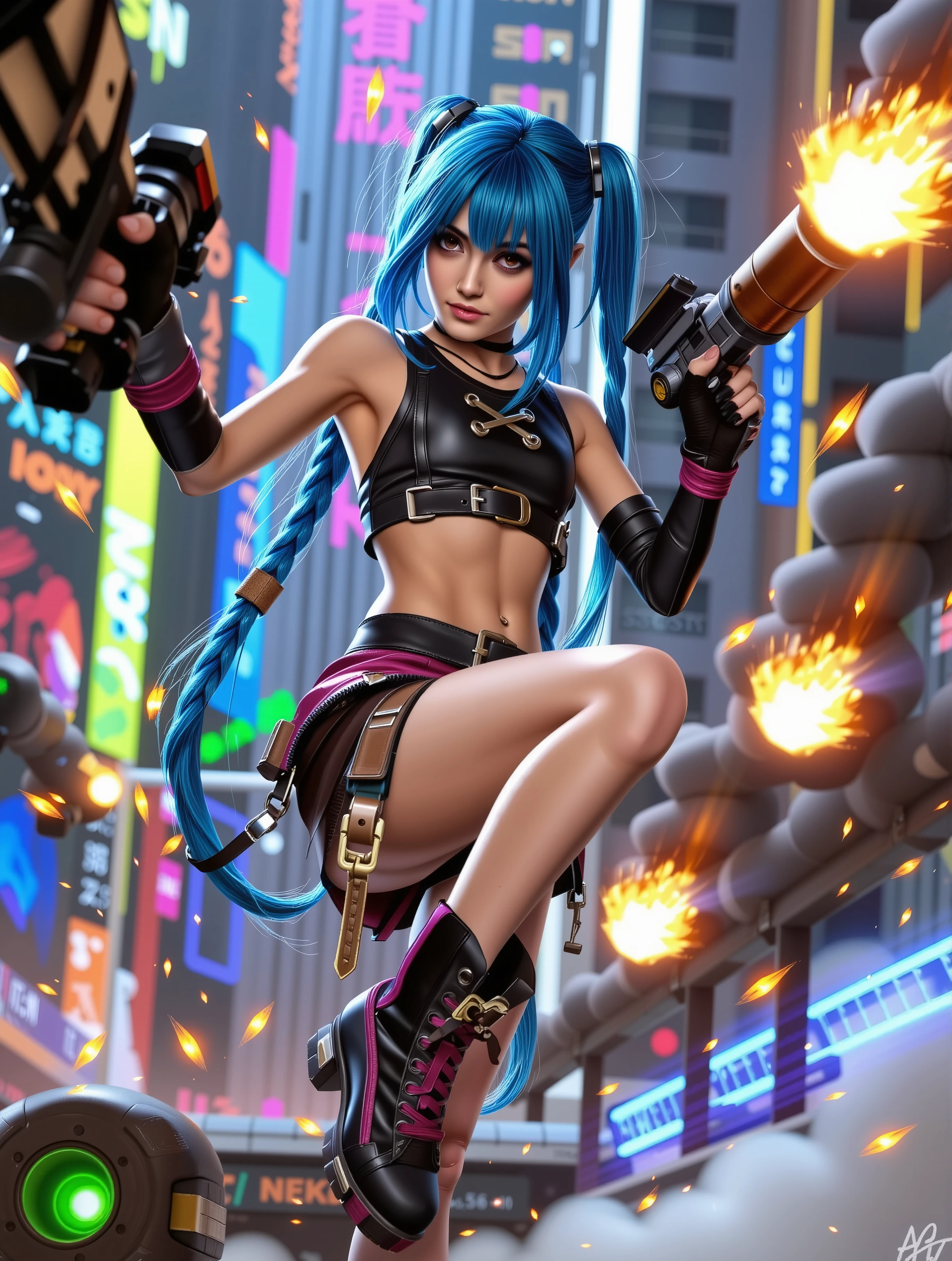 A dynamic action-packed digital painting of a cyberpunk girl with long blue twin-tails, mid-air, dodging explosions while firing a massive futuristic weapon. Her mischievous grin reflects pure chaos as neon lights from a futuristic cityscape flicker behind her. Sparks fly, smoke swirls, and bullet trails cut through the air, emphasizing movement and energy. Her punk-style outfit, adorned with glowing accents, flutters in the momentum of battle. The scene is vibrant, intense, and full of motion, capturing the thrill of cyberpunk combat."