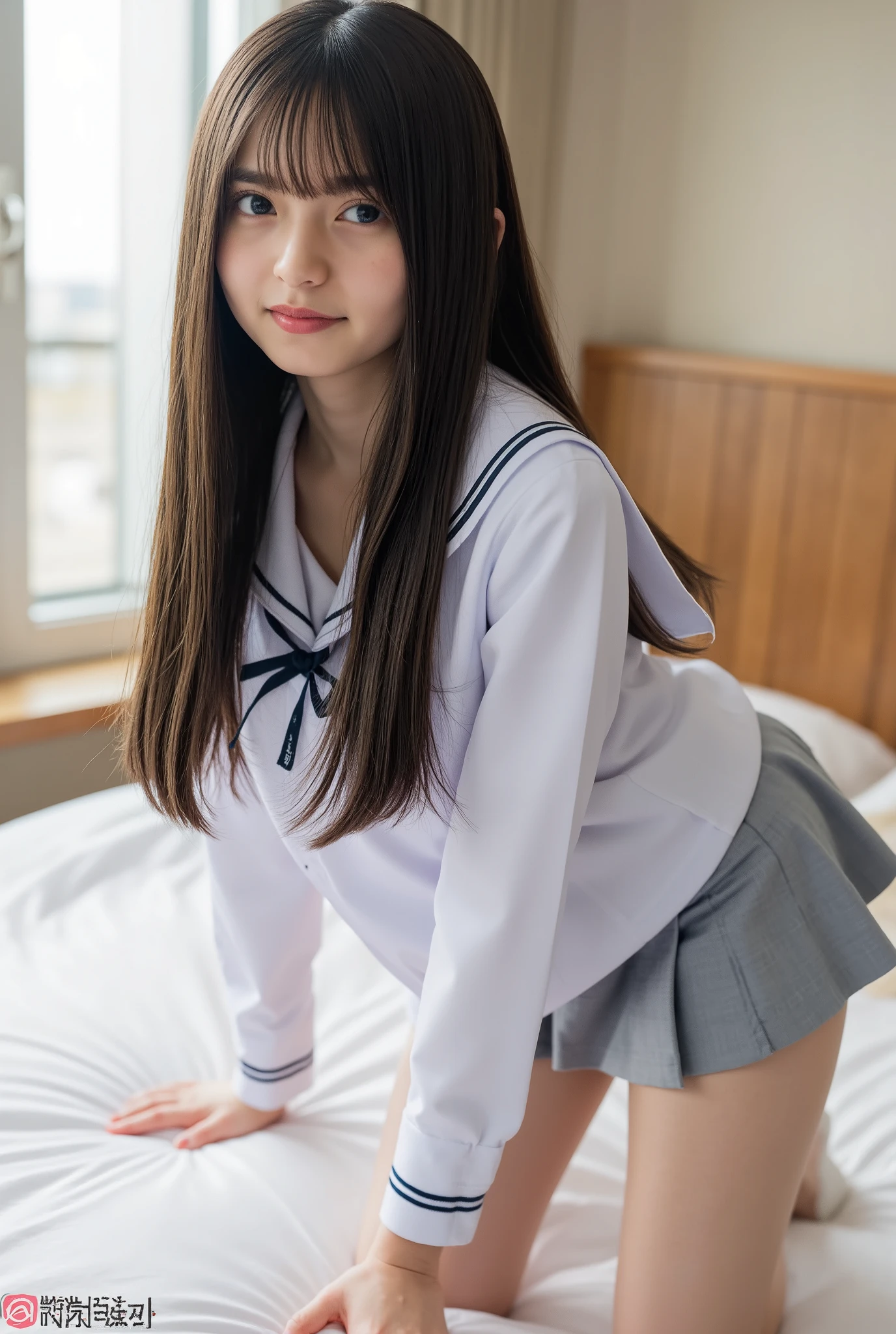 school sailor suit that you can fan with a skirt、((((( girl:2.86))))),( Masterpiece, TOP QUALITY:1.9),8k, RAW Photo ,nsfw, detailed skin,詳細な毛穴,,(((Young Face):1.7)),(( young body):1.6), reality, Hotel Room 、( lean forward :1.67)、smile, popup 、 Heavy bangs 、 Straight long black hair with no habit 、whole body