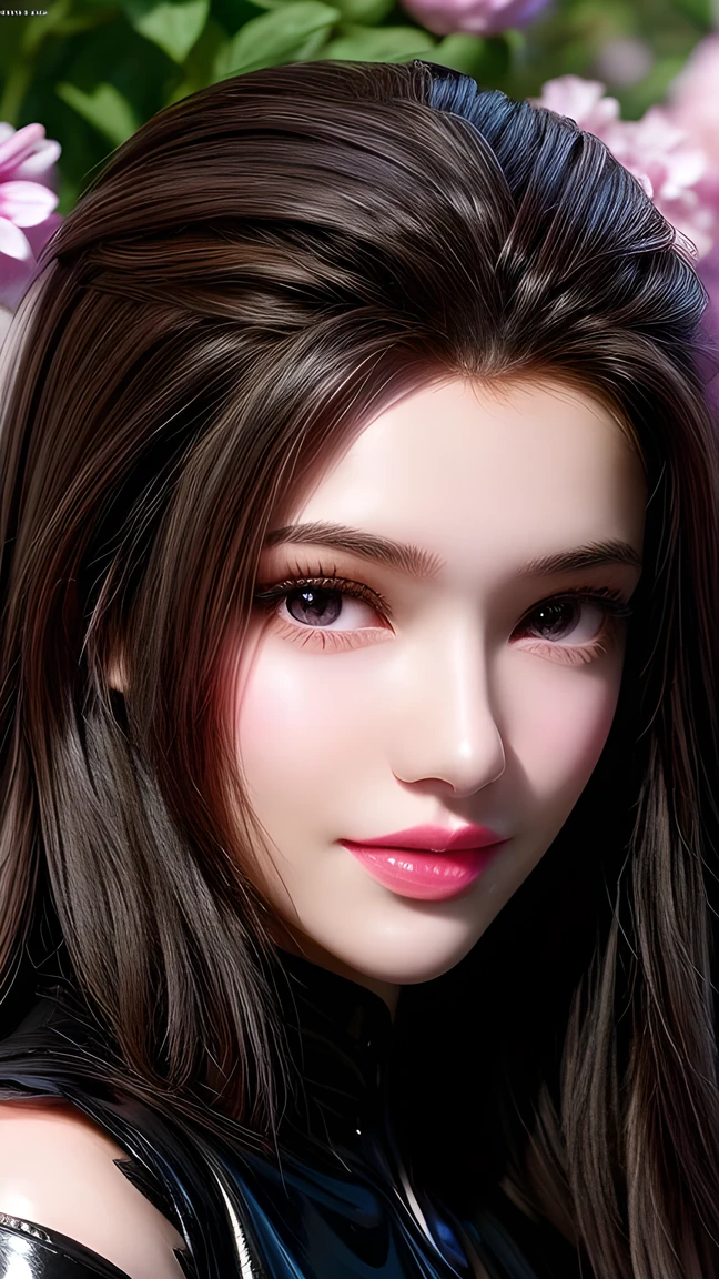 Best Quality 、 masterpiece、 super high resolution 、actual、 1 girl working part-time、glossy skin、(( surrealistic details ))、Global photo 、 8,000、 Highly Intricate Details、 shiny eyes 、 Black Straight Hair 、Leather pants, tights ,High Profile、Purebred face_v1、A smile、 Elegant posture、 plump breasts、Dark Lace 、 lots of flowers in the background ,Full body close-up