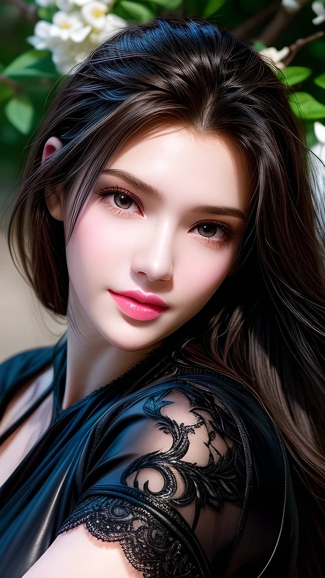  with men is the best quality、 masterpiece、 super high resolution 、actual、 1 girl working part-time、glossy skin、(( surrealistic details ))、Global photo 、 8,000、 Highly Intricate Details、 shiny eyes 、 Black Straight Hair 、Leather pants， tights ，High Profile、Purebred face_v1、A smile、 Elegant posture、 plump breasts、Dark Lace 、  lots of flowers in the background  ，Full body close-up