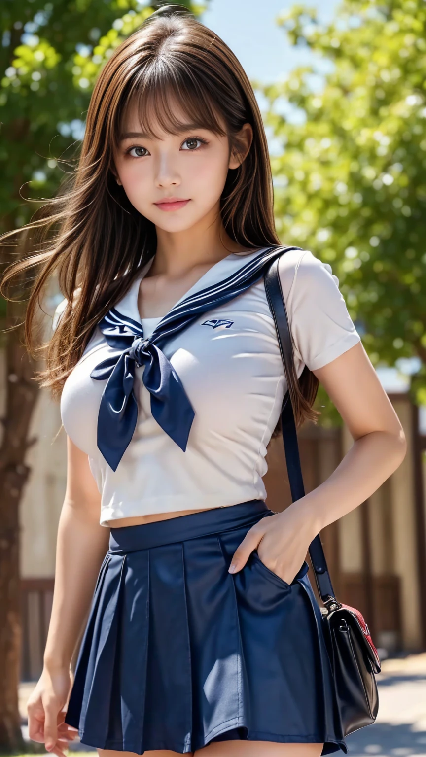(Realistic lighting、highest quality、8k、masterpiece:1.3)、32k、(One Girl:1.5)、(Composition above the knees:1.7)、(A high school girl wearing a sailor uniform:2.0)、Summer clothes、(((Holding a school bag in front of his waist with both hands:1.8))), ((Small Tits:1.8))、((Skinny body:2.0))、((Ultra Slim Body Beauty:1.4))、(Slim Abs:1.1)、((Light brown hair))、(outside of home:1.1)、City Street、Super Fine Face、Fine Eyes、double eyelid、((Panties in full view:1.05))、((Spread your legs wide:1.45))