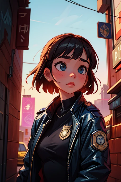 Portrait of emb-haiz, beautiful face, in cyberpunk city at night. She is wearing a leather open jacket,lingerie,  black jeans, dramatic lighting, (police badge:1.2).