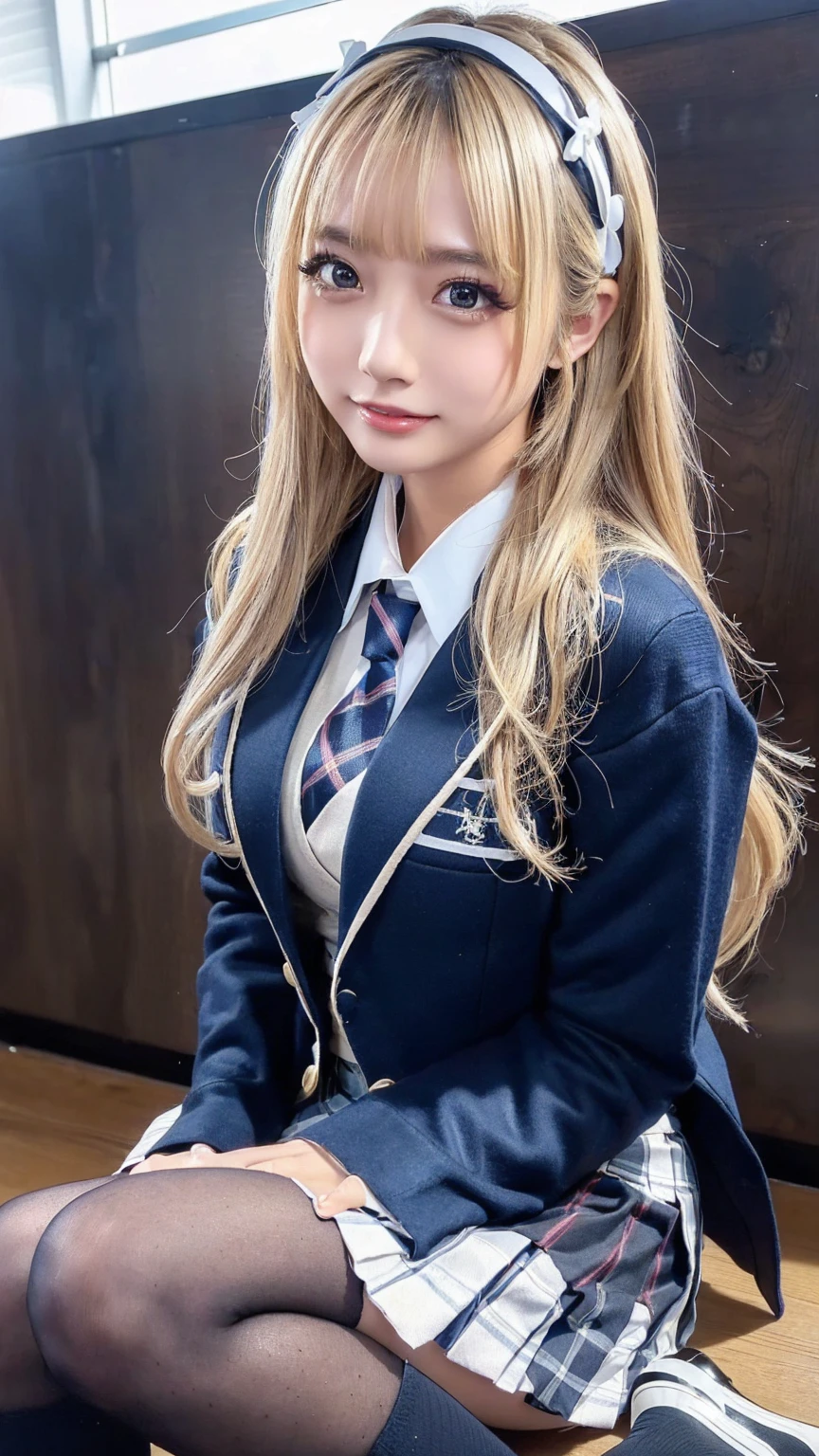 European and American women, Fashion Model, Wearing a white fluffy dress, Glamour, blonde hair, With bangs、brown eyes, 8K, high quality, masterpiece, 最high quality, HD, very detailed、voluminous lighting, photorealistic、((Super long blonde hair:1.2))((Hair with loose waves inside:1.2)),((gold necklace_Large earrings:1.2)),((school uniform_navy sailor suit:1.3)),((shy smile:1.3)),((school classroom_sitting in a chair_looking to the left:1.3))、