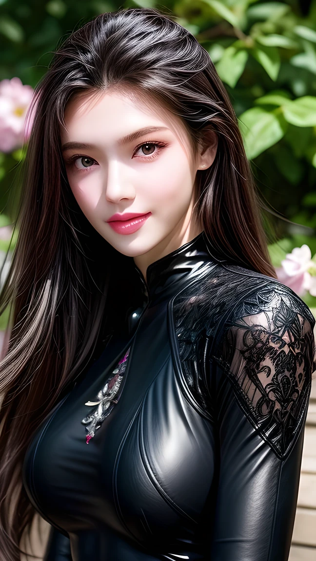 Best Quality 、 masterpiece、 super high resolution 、actual、 1 girl working part-time、glossy skin、(( surrealistic details ))、Global photo 、 8,000、 Highly Intricate Details、 shiny eyes 、 Black Straight Hair 、Leather pants, tights ,High Profile、Purebred face_v1、A smile、 Elegant posture、 plump breasts、Dark Lace 、 lots of flowers in the background ,Full body close-up