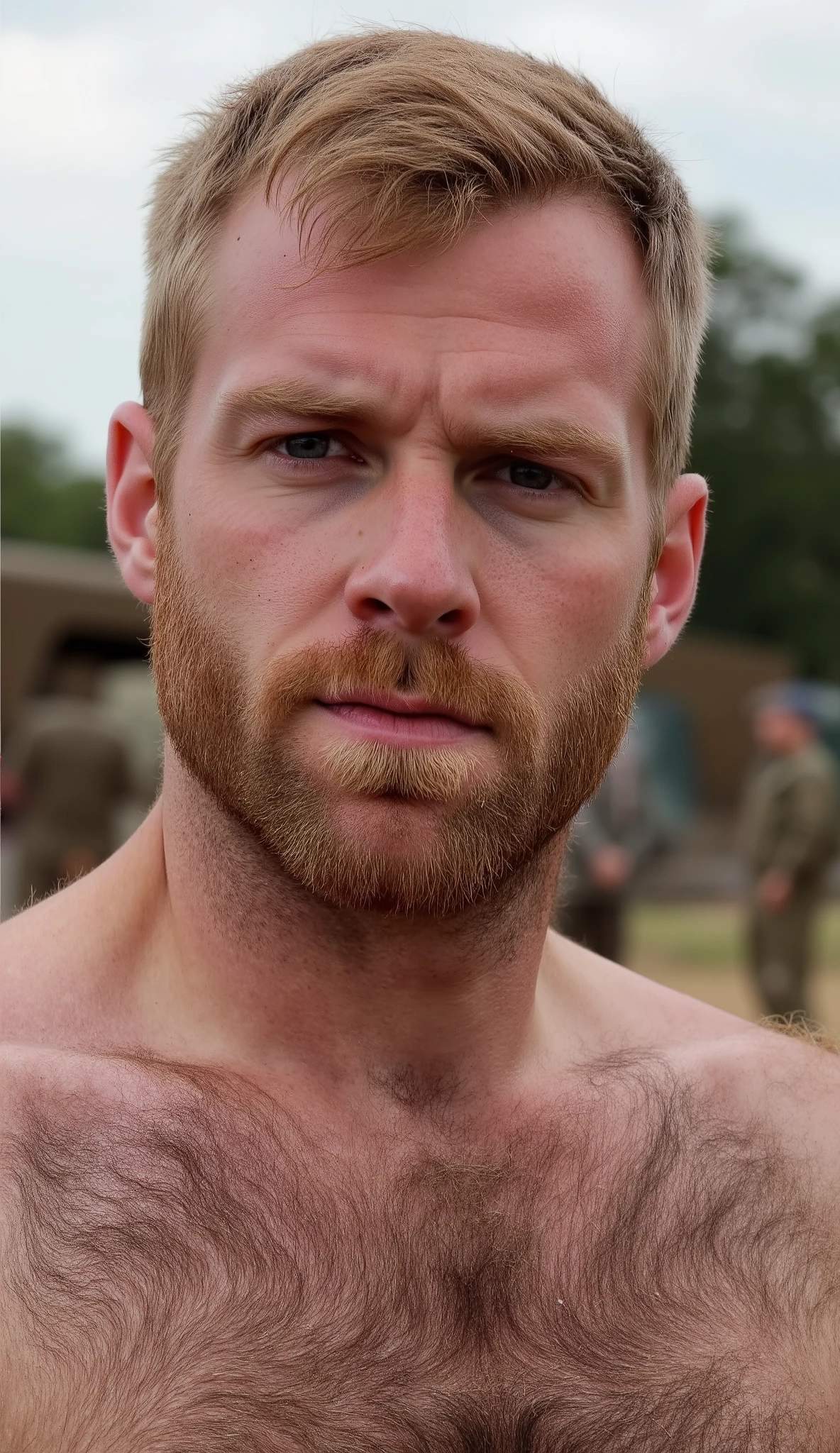 masterpiece, best quality, high resolution, closeup portrait, male focus, solo focus, A man, 35 years old, with military clothes, soldier, ginger hair, messy hairstyle, cute and seductive face, bare chest, body hair, facial hair, roman nose, very skinny body, hairy legs, dimples, beard, bold jawline , in the background a millitary camp and other soldiers,  view from below, amazing composition, front view, HDR, ultra quality, elegant, highly detailed
