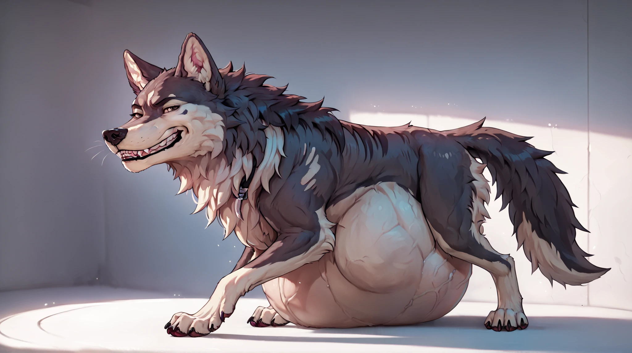 Art by spottyjaguar, art by deormynd,art by raptoral, art by notafurrytho,posted on e621,solo,male wolf,(fera,quadruped:1.3),balls,knot,seductive,thick legs,foots,showing butt,on fours,slut,humiliation,raising leg
