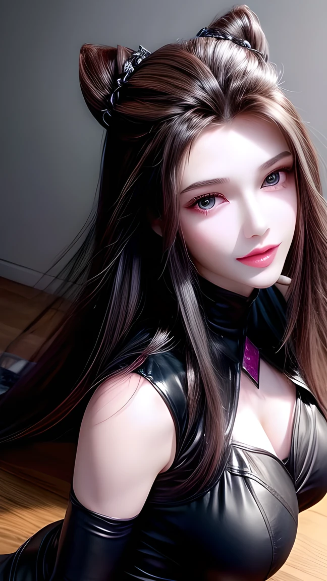  Best Quality 、 masterpiece、 super high resolution 、actual、 1 girl working part-time、glossy skin、(( surrealistic details ))、Global photo 、 8,000、 Highly Intricate Details、 shiny eyes 、 Black Straight Hair 、Leather pants， tights ，High Profile、Purebred face_v1、A smile、 Elegant posture、 plump breasts、Dark Lace 、  lots of flowers in the background  ，Full body close-up