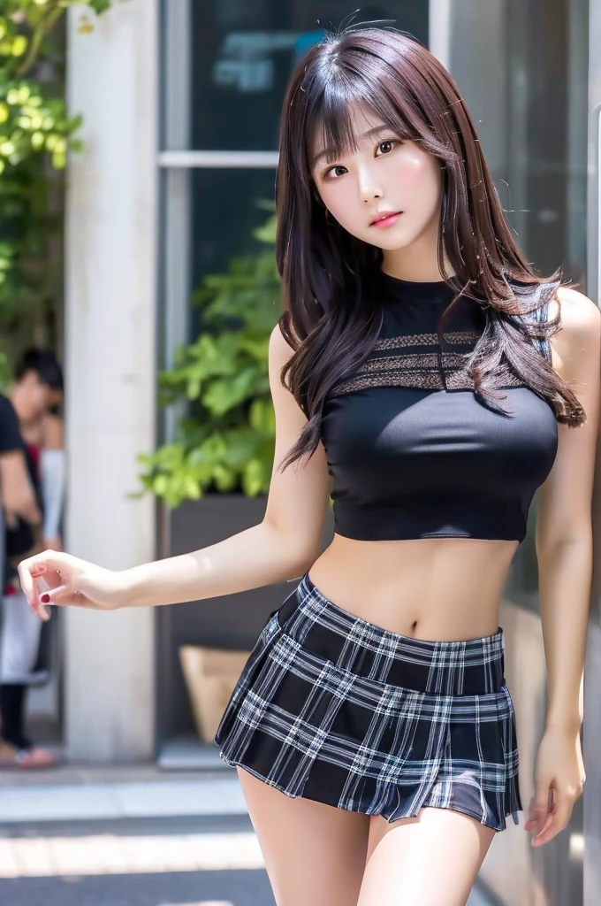 8K, Ultra-high resolution, Highest quality, masterpiece, 三分割法によるphotograph,Surreal, photograph, 1 Girl, (16 years old:1.3), pretty girl, Cute face, Beautiful eyes in every detail, 細かくdetailedに,masterpiece,, One Girl:1.2, Japan Female Announcer,whole body,((very small head:1.3)),Center-parted bangs,amount,Black Hair,Long Hair,Iris,Gorgeous eyes,smile,((Toned body,Slender body,skinny)),(Sports bra、Bra Top,Grey plaid pleated mini skirt),Beautiful leg line beauty,Captivating thighs,Glowing Skin,Shiny skin,Climbing the stairs,Fire escape in a building,Full of sex appeal,Sensual,屈託のないsmile,Heal the heart,Low - Angle、beauty,Long neck、Laugh a little、Please close your mouth and laugh、(((Ideal body type))),A cup small breasts :2,、Portraiture:2、Perfect Anatomy、鮮明なdetailed、detailed、Surreal、Light and shadow,Strong light