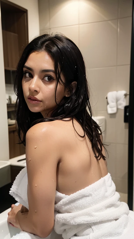 Arab woman in a bikini in a shower, boobs closeup, ((selfie)), camera angled down, camera down, black bikini, plain background