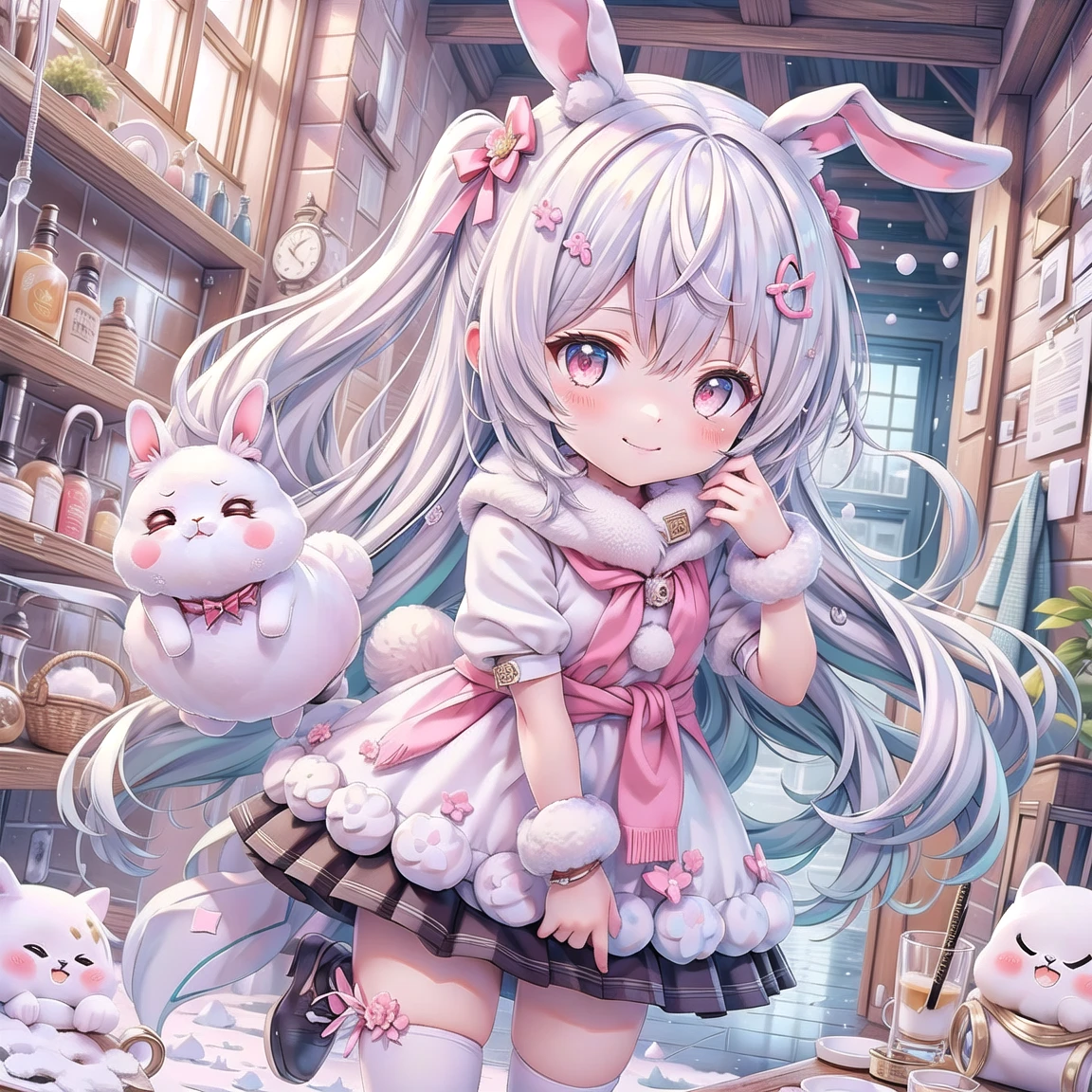 A girl with pink ears, a cat tail, Glasses, Long silver hair, Bell collar, Pink and white maid outfit, and white stockings