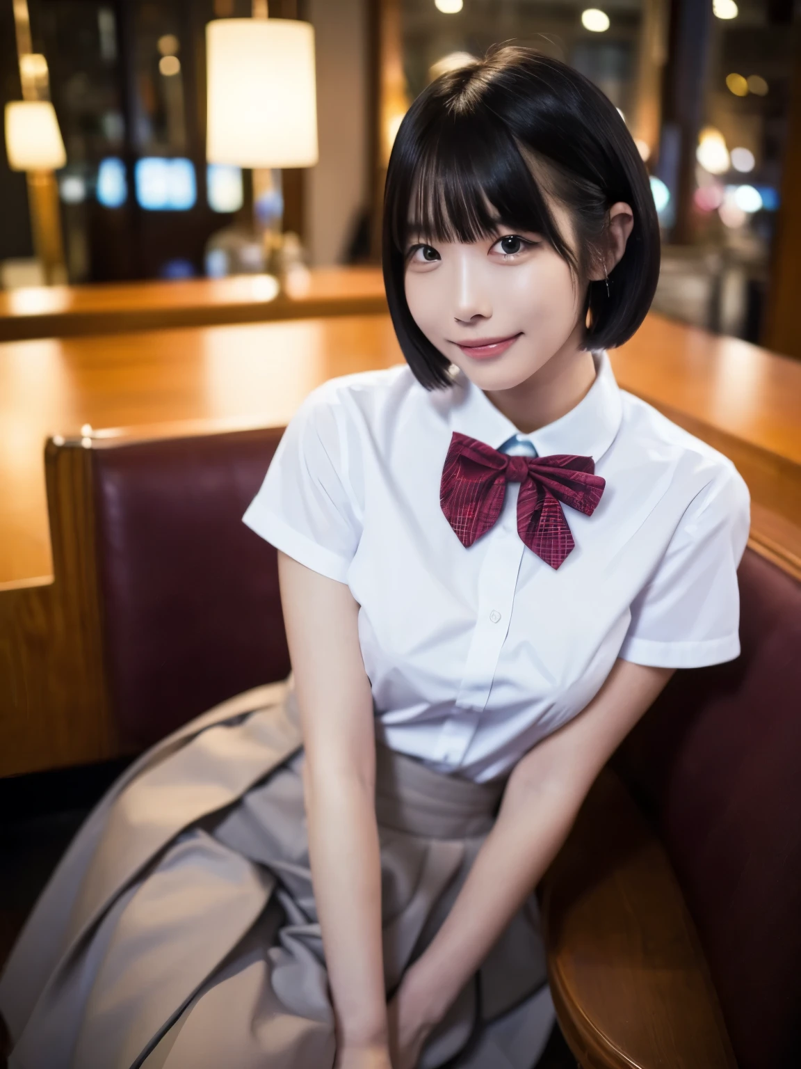 (8k,  RAW Photo ,  top quality,  Masterpiece:1.2), ( by Nomi, photo- by Nomi:1.37),  super detailed,
 in the seat, cute, Alone, backgrounds,DETAIL CAFE ,  night , Seated ,Date,( nose brush),(smile:1.1),( closed her mouth), big breasts, seductive smile, Large diameter,   Professional Lighting, Sony A7R4, Zeiss 50mm F1.8,
 medium boobs, beautiful detailed eyes,(  collared shirt :1.1),  bow tie, pleated skirt,( short hair:1.2), floating hair