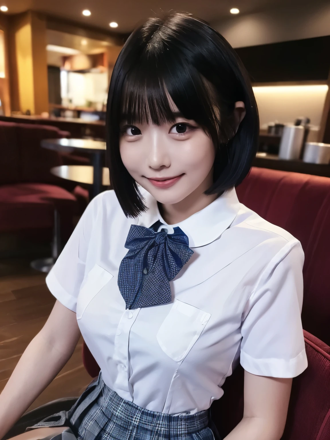 (8k, RAW Photo , top quality, Masterpiece:1.2), ( by Nomi, photo- by Nomi:1.37), super detailed,
in the seat, cute, Alone, backgrounds,DETAIL CAFE , night , Seated ,Date,( nose brush),(smile:1.1),( closed her mouth), big breasts, seductive smile, Large diameter, Professional Lighting, Sony A7R4, Zeiss 50mm F1.8,
medium boobs, beautiful detailed eyes,( collared shirt :1.1), bow tie, pleated skirt,( short hair:1.2), floating hair