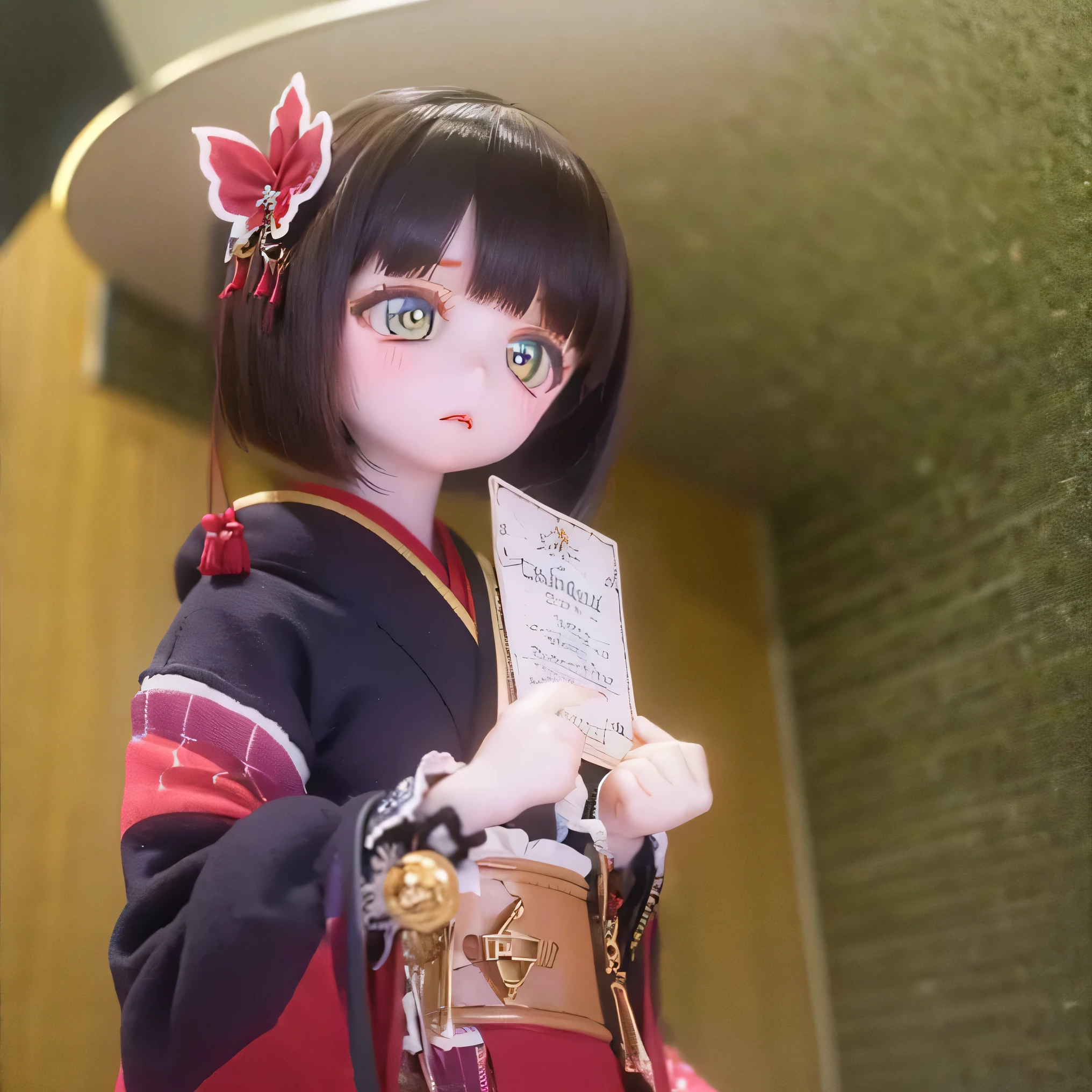 ( tall combat pose , high resolution, Masterpiece:1.2), Tall very detailed , by Nomi,(Me in a kimono, Beautiful Details , Beautiful Lip Details , Tall very detailed 目と顔,long eyelashes), tall traditional Japanese costume ,geisha, hairpins,Delicate embroidery, floral,Sleeves flow, high definition and face , soft lighting 、 harmonious color 、 bob cut、 black hair、 Redeem