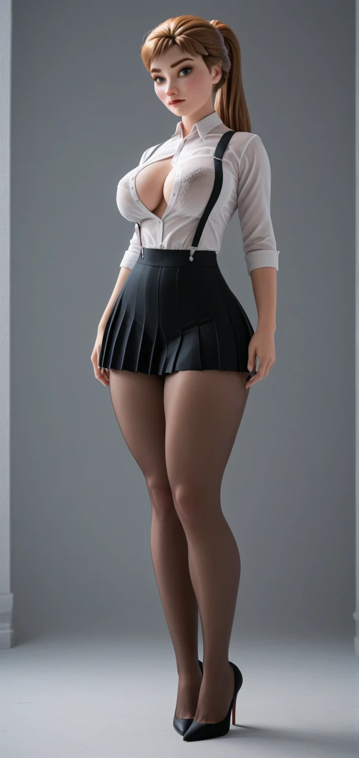 score_9, score_8_up, score_7_up, score_6_up, score_5_up, score_4_up, anna from frozen, 1 , ponytail, perfect petite body, sensual, sexy, provocative, very Gargantuan sized butt, big ass, huge boobs, standing seducing, suspenders pleated skirt in pantyhose, very thick thighs, wide hips, full body shot, full shot, strappy_heels, unbuttoned lace translucent blouse, dinámic poses, RAW, showing big butt look at the viewer over shoulder, dinámic poses , huge breasts, perfect render, perfect face, sexy, provocative