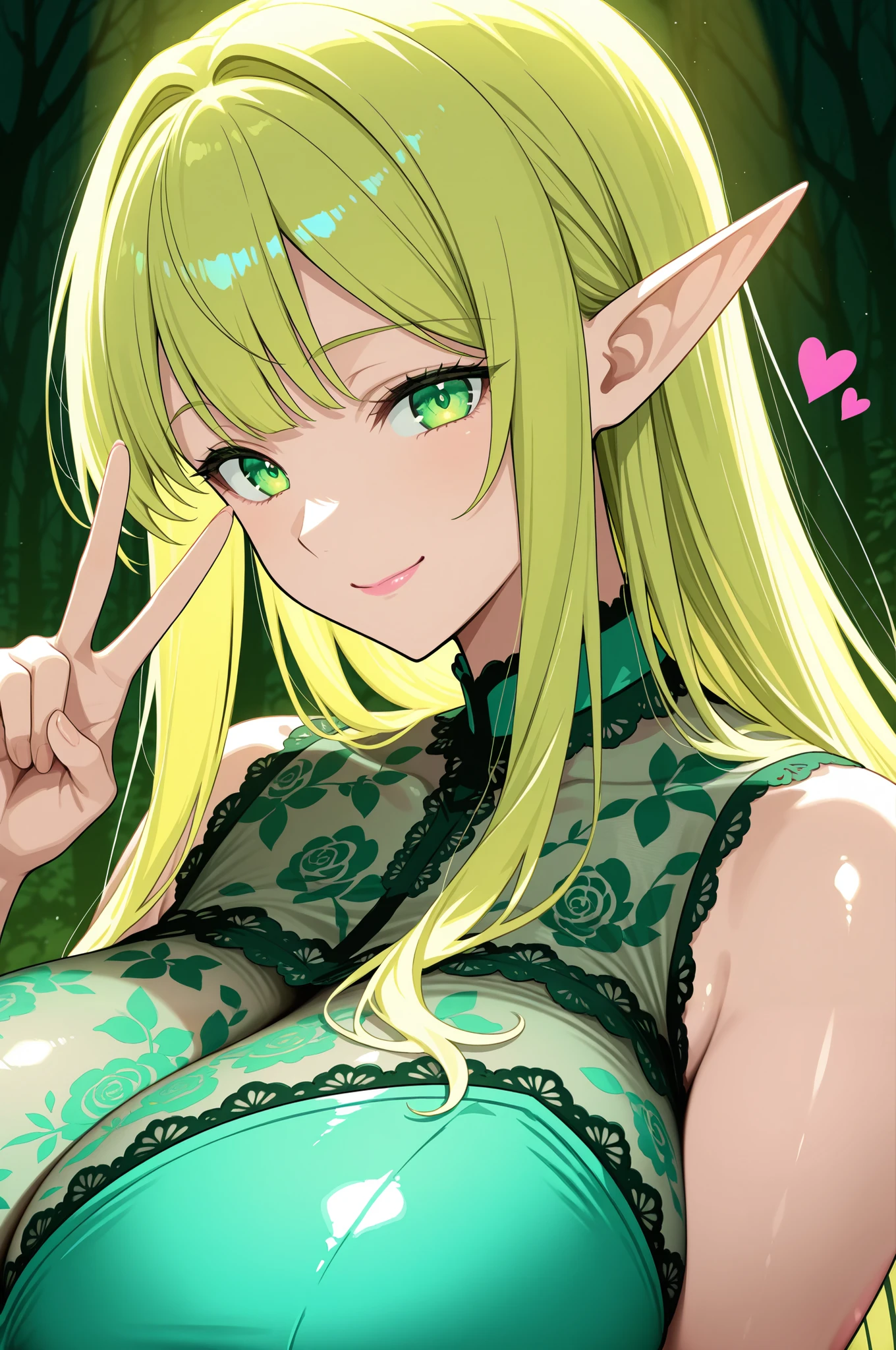 masterpiece, high score, great score, absurdres,close-up portrait, beautiful woman, elf,pointed ears,blonde hair,long hair, beautiful mint green eyes,fair skin,Shiny skin,pink lips,green lace top,simple background,vivid colors, volumetric lighting, soft lighting,dark forest background,v sign,one hand,heart,slight smile,looking at viewer,from the side,gigantic breasts