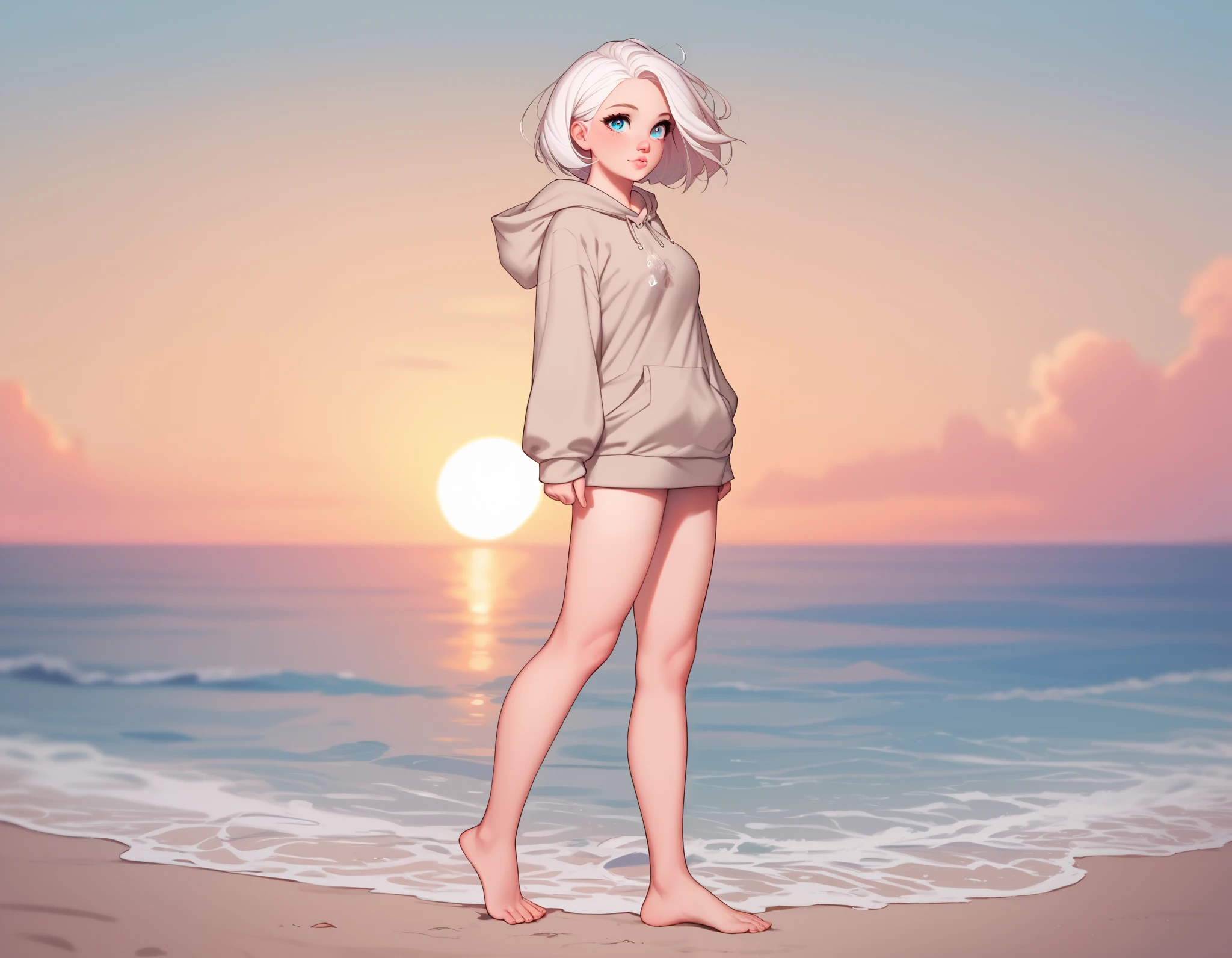 Cute 20 something year old girl, white hair, bob haircut, pastel blue eyes, slightly pointed nose proportional to her face, soft naturally pink lips, medium breasts, wearing a light brown hoodie, perfect hands, perfect legs, bare legs, barefoot, walking along a beach at sunset