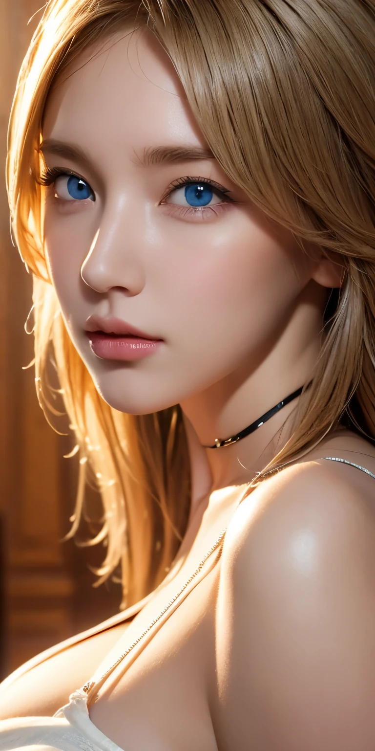 portrait , Practical, blue eyes, blond hair, big breasts, 4K resolution , High Quality CG, Beautiful CG, Soft Light ,