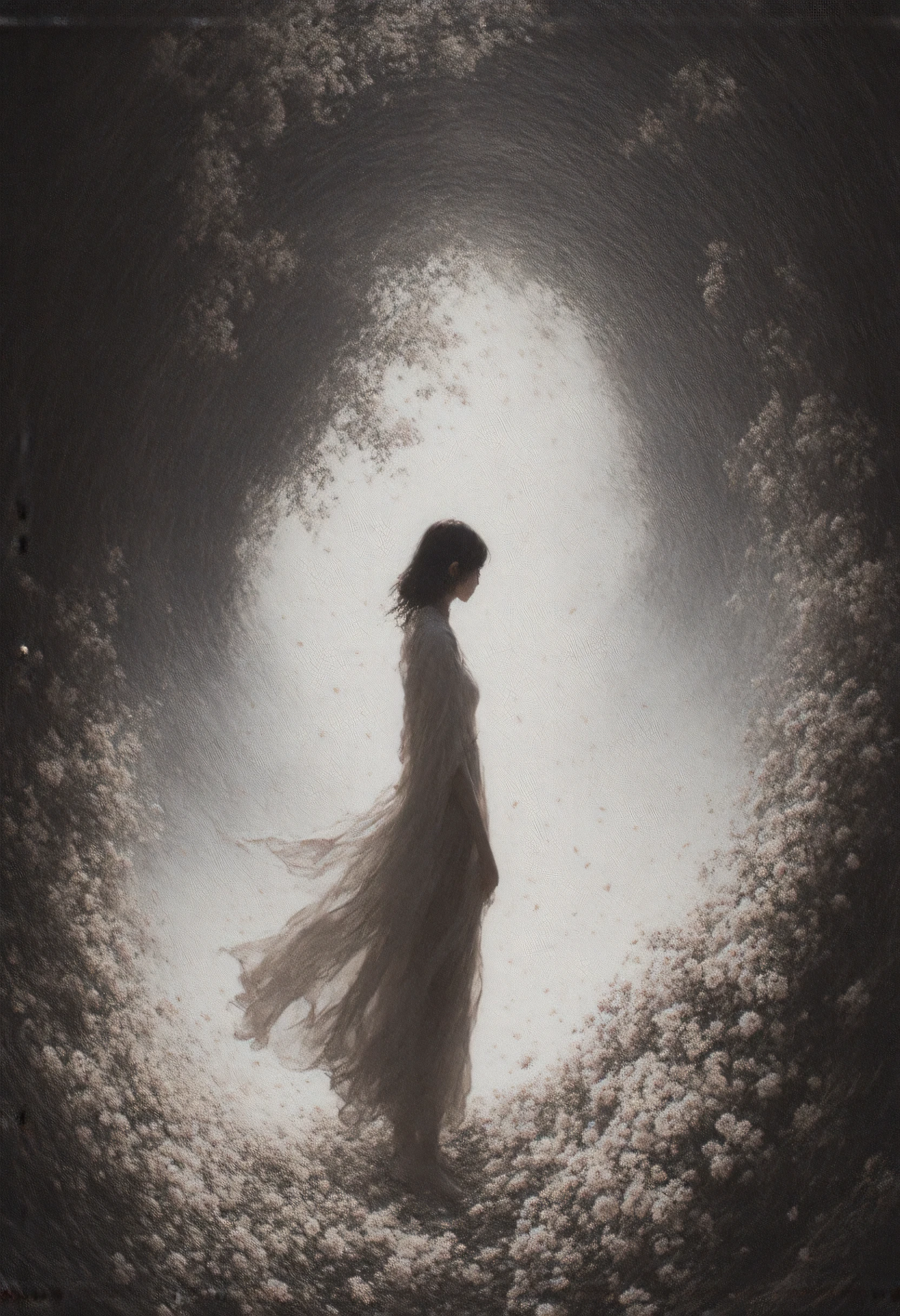 Sword and sorcery worldview、 the mental world of a mentally ill person 、The Girl Who Manipulates Magic 、Fine Lines、 SIMPLE 、 Flowers Dance  、Crumbling Petals  、  Rain of Petals Pours  、moebiusの絵画からインスパイアされたイラストレーション、、an ink drawing inspired by jean moebius giraud, Tumbler,  bolticism  , ( moebius ), moebiusとモーブハッカー , moebius風, moebiusのイラストレーションアート , in the stlye of moebius, moebius Art , moebius Art work