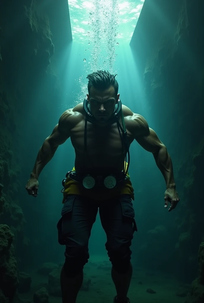 Unbeatable masterpiece,((Throw up hands)),ultra-realistic 8k CG, perfect artwork, highly detailed, award-winning, (((Perfect Male Body)) mature male, narrow waist, seductive pose, legs open, arms behind back, sea, underwater, clean, beautiful face, pure face, tanned skin, tanned lines, wearing tight wet t-shirt, clothes lifting, chest tattoo, (muscular chest, NSFW), muscular thighs, sagging , gay, bala, ocean, sweat, sacred, sacred, shiny skin, skin indentation, delicate setting, intricate detail, partially submerged, wet, silver bracelet, gemstone necklace, ring,black swimming trunks，blue eyes