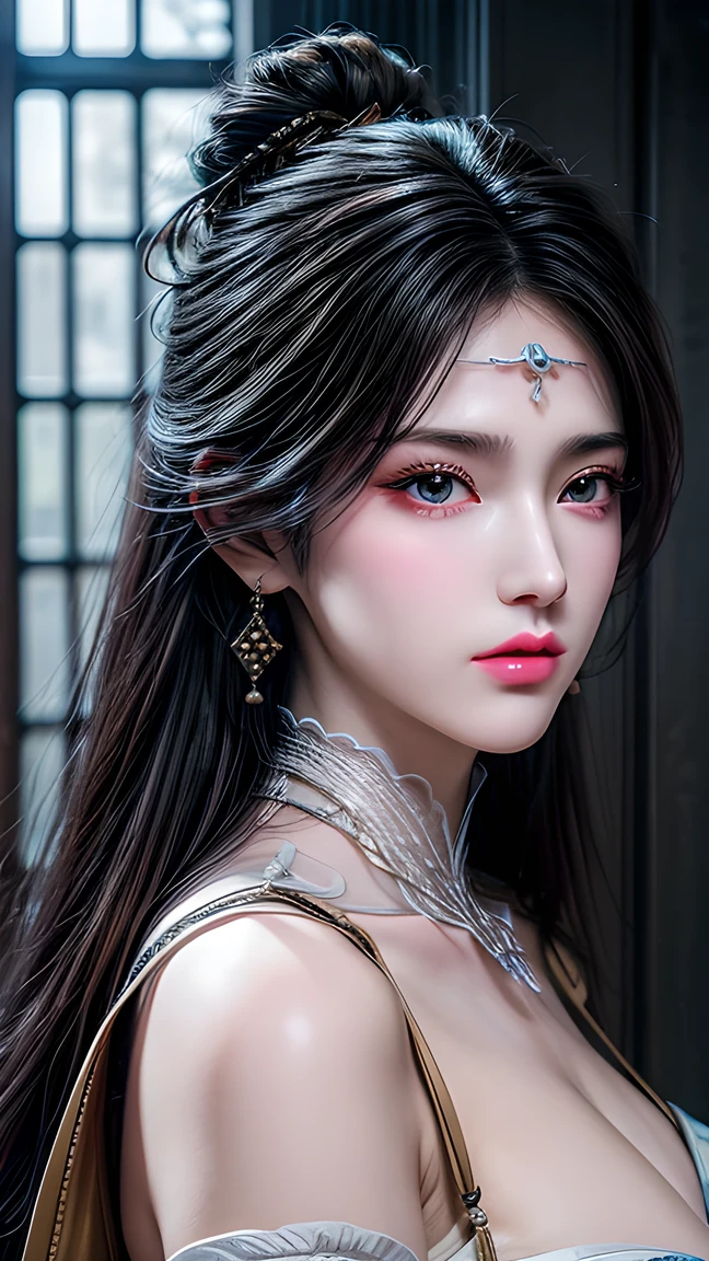  best quality , masterpiece,  big , ( Big Breasts ), Meticulous skin texture,  The detailed texture of the cloth ,  Delicate Face ,  Super Details, 8k,  intricate details , 1 Girl, 30 years old,  high contrast ,  high resolution eyes , black-haired goddess，Royal sister，Sexy。