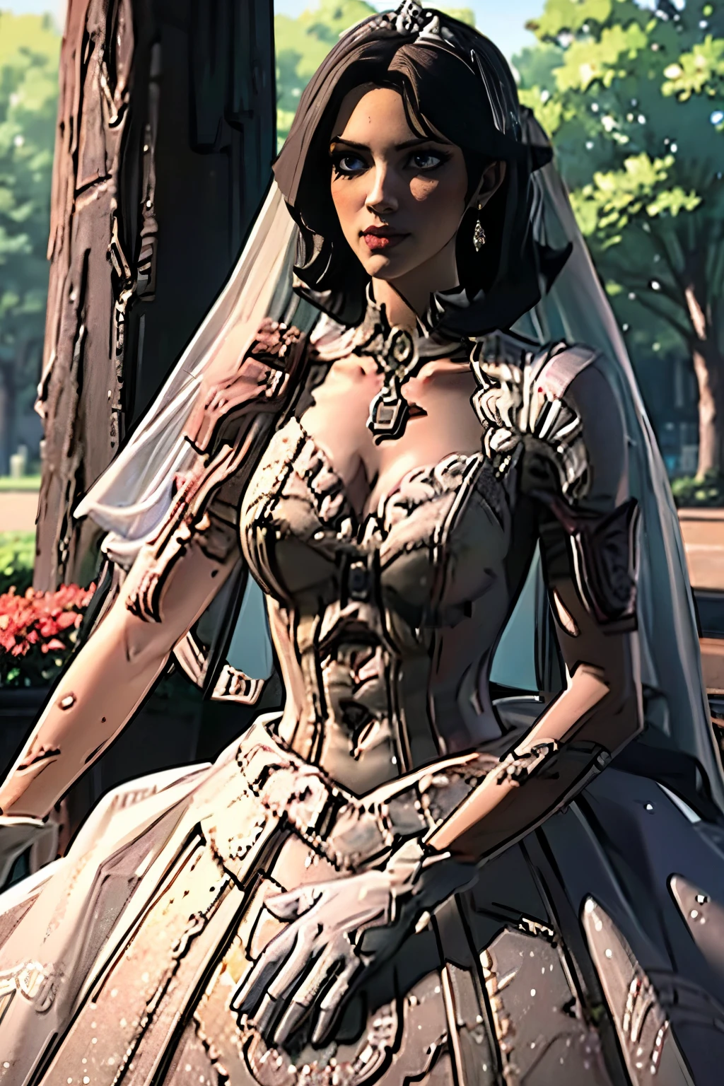 Shez FE,  hair between eyes, ahoge, blonde hair, star \(symbol\), hair ornament, ruffled tulle dress, cleavage, bare shoulders, collarbone, long black elbow gloves, black gloves, black dress, black choker, strapless, tiara, veil, strapless dress, princess dress, veil, beautiful woman, perfect body, perfect breasts, wearing a princess dress, ball gown, in the park trees, wedding decorations, a warm smile, realism, masterpiece, textured skin, super detail, high detail, high quality, best quality, 1080p, 16k, purple hair