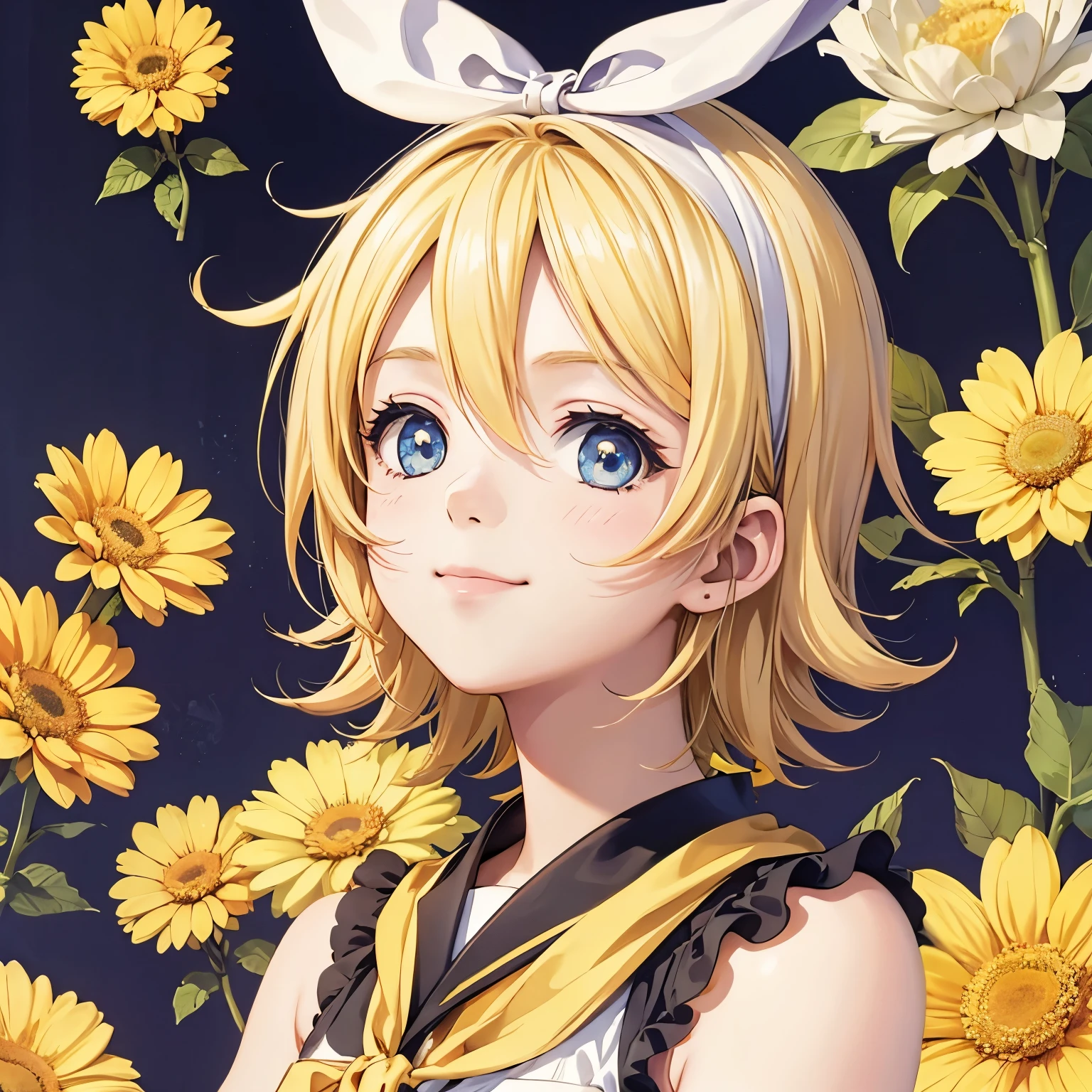 Kagamine Rin, high resolution, staring at God , Brush, smile, mouth , TOP QUALITY, floral background