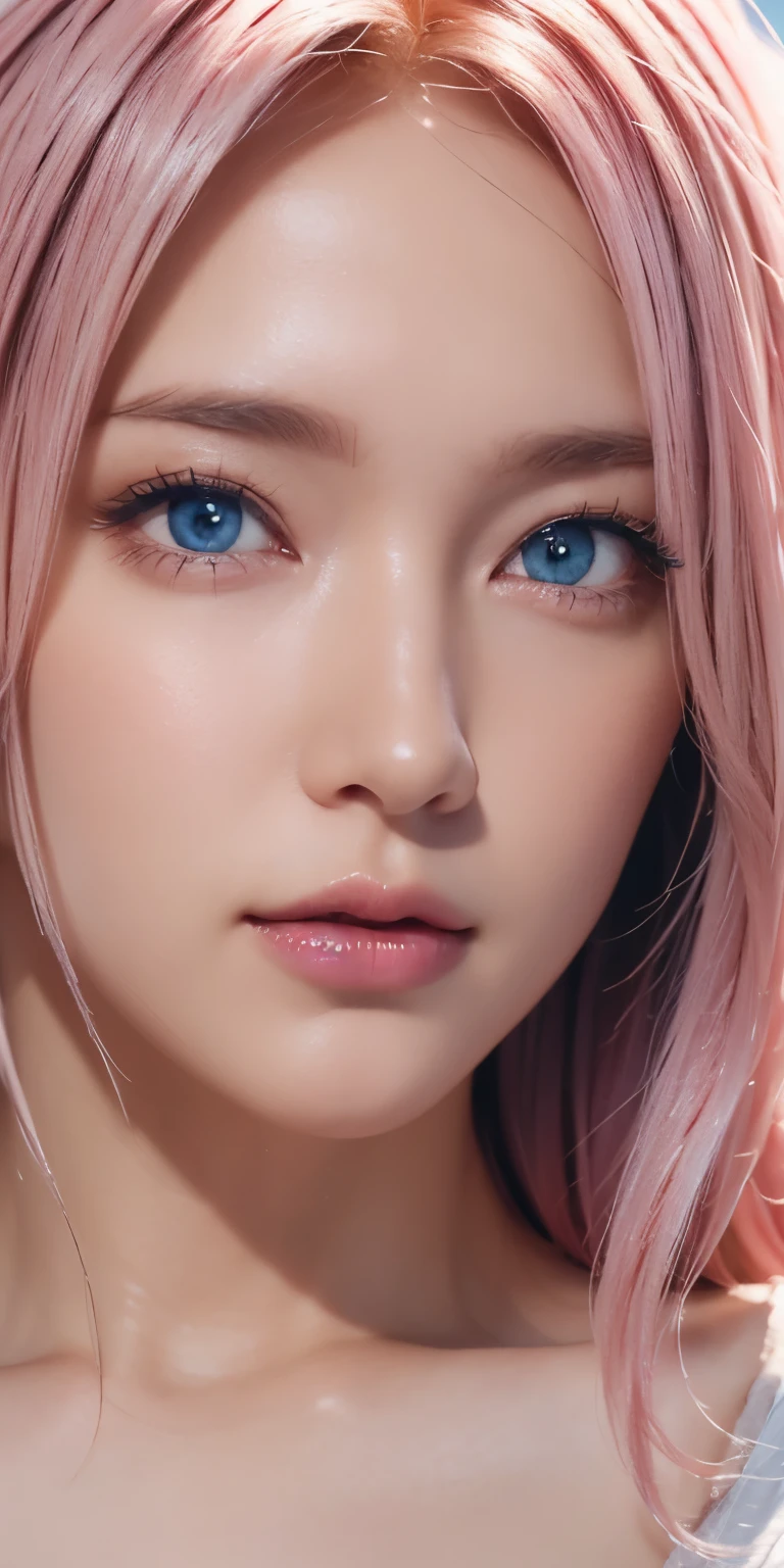 portrait , Practical, blue eyes, pink platinum hair, big breasts, 4K resolution , High Quality CG, Beautiful CG, Soft Light ,