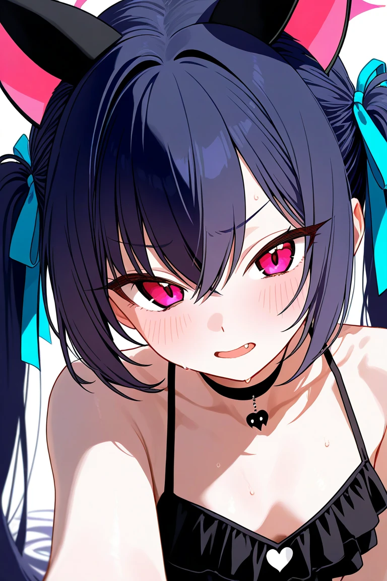 (masterpiece, best quality:1.2), upper body, close-up, solo, 1girl, rainhoe, bandaid on face, grin, looking at viewer, ahoge, hair ornament, horns, v-shaped eyebrows, bra, cleavage, large breasts <lora:vtuber_rainhoeyt-10:0.9>
