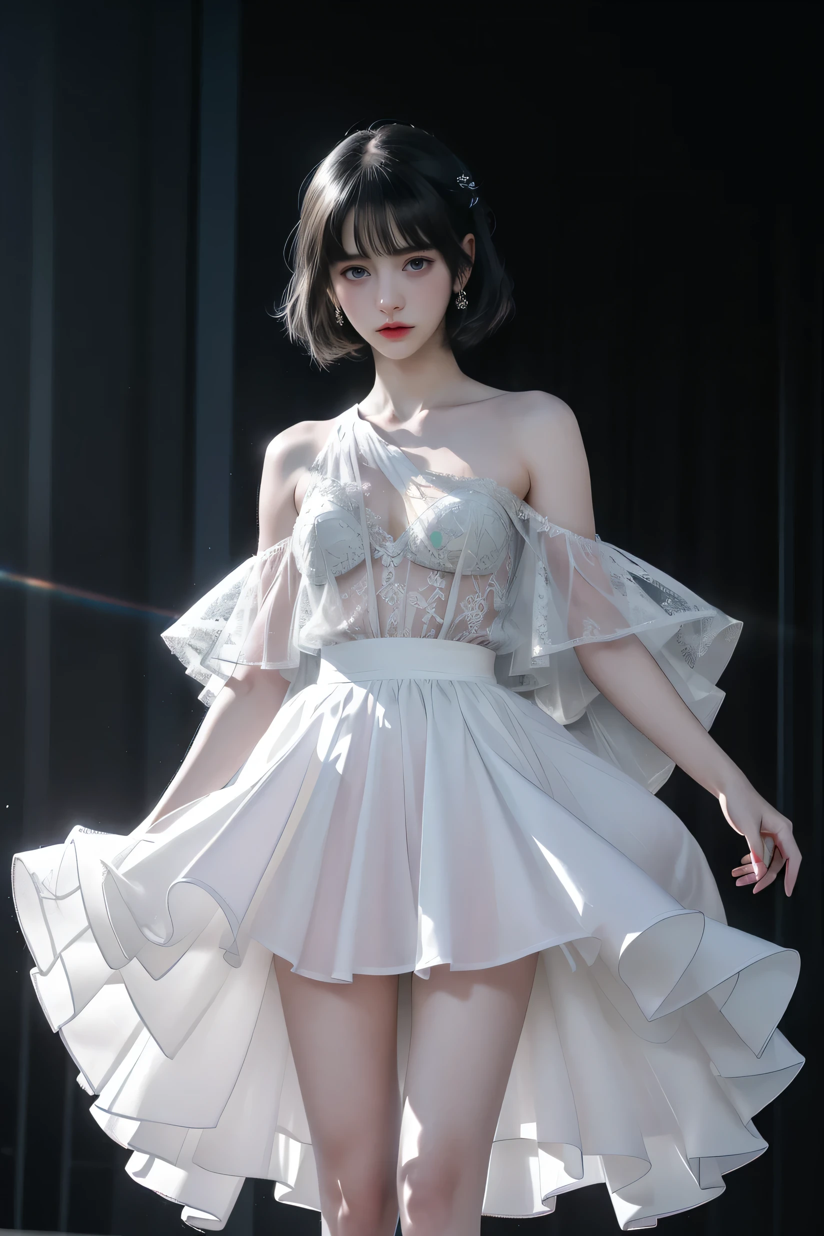 BAINV, ((whole body)), ((from below)), ((gufeng,bare shoulders)), ((The skirt is short)),((Leaking beautiful legs)), clear face, pretty face, 8k, masterpiece, original photo, best quality, detail:1.2,lifelike, detail, Very detailed, CG, unity, wallpaper, depth of field, movie light, lens flare, Ray tracing, (extremely beautiful face, beautiful lips, beautiful eyes), complicated, detail的脸, ((ultra detailed skin)), 1 girl, in the darkness, deep shadow, beautiful korean girl, kpop idol,(Very slim figure:1.3), plump breasts, Slender sexy legs, elegant posture, (bright smile), (City night, (neon lights), (night), beautiful korean girl, white diamond earrings, diameter bracelet, Dia Necklace, clear eyes, facing forward, (big eyes)