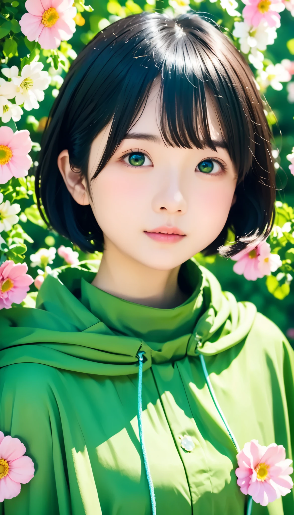 Ivyの貼ったWhite wall、White wall、A woman holding a bouquet stands in front of a white wall,  very cute  、  rs  , Super cute girl、    black hair、  short hair,   Short Bob with Sisters 、  lo-fi girl  , Ivy, wearing blue-Green clothes, With flowers, Low-quality photos, cape, Green clothes,   photography, Smooth input _ background,   lo-fi girl  のaesthetics, 🤤   Used for a portrait of a girl  ,   beautiful!!, LONGWEAR  ,   Relaxed Clothes,    relaxed posture   ,  aesthetics