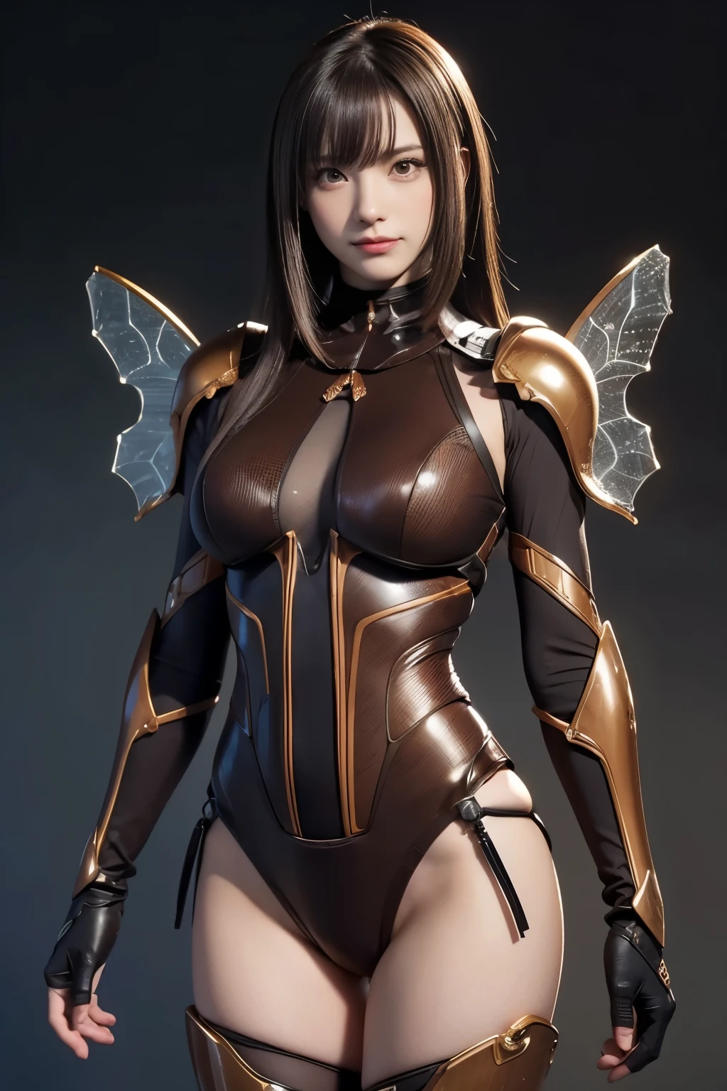 (high resolution,masterpiece,best quality,extremely detailed CG, anime, official art:1.4), realistic, photo, amazing fine details, all intricate, gloss and shiny,awesome many layers, 8k wall paper, 3d, sketch, kawaii, illustration,( solo:1.4), perfect female proportion,villainess, (fusion of dark brown cockroach and lady:1.4), (brown cockroach form lady:1.2), (brown cockroach lady:1.2), (fusion:1.2), (solo:1.4), (evil smile:1.2), muscular, abs, (cockroach brown exoskeleton bio insect suit:1.4), (cockroach brown exoskeleton bio insect armor:1.2), (brown transparency cockroach wing:1.4), (brown cockroach antennae:1.3),