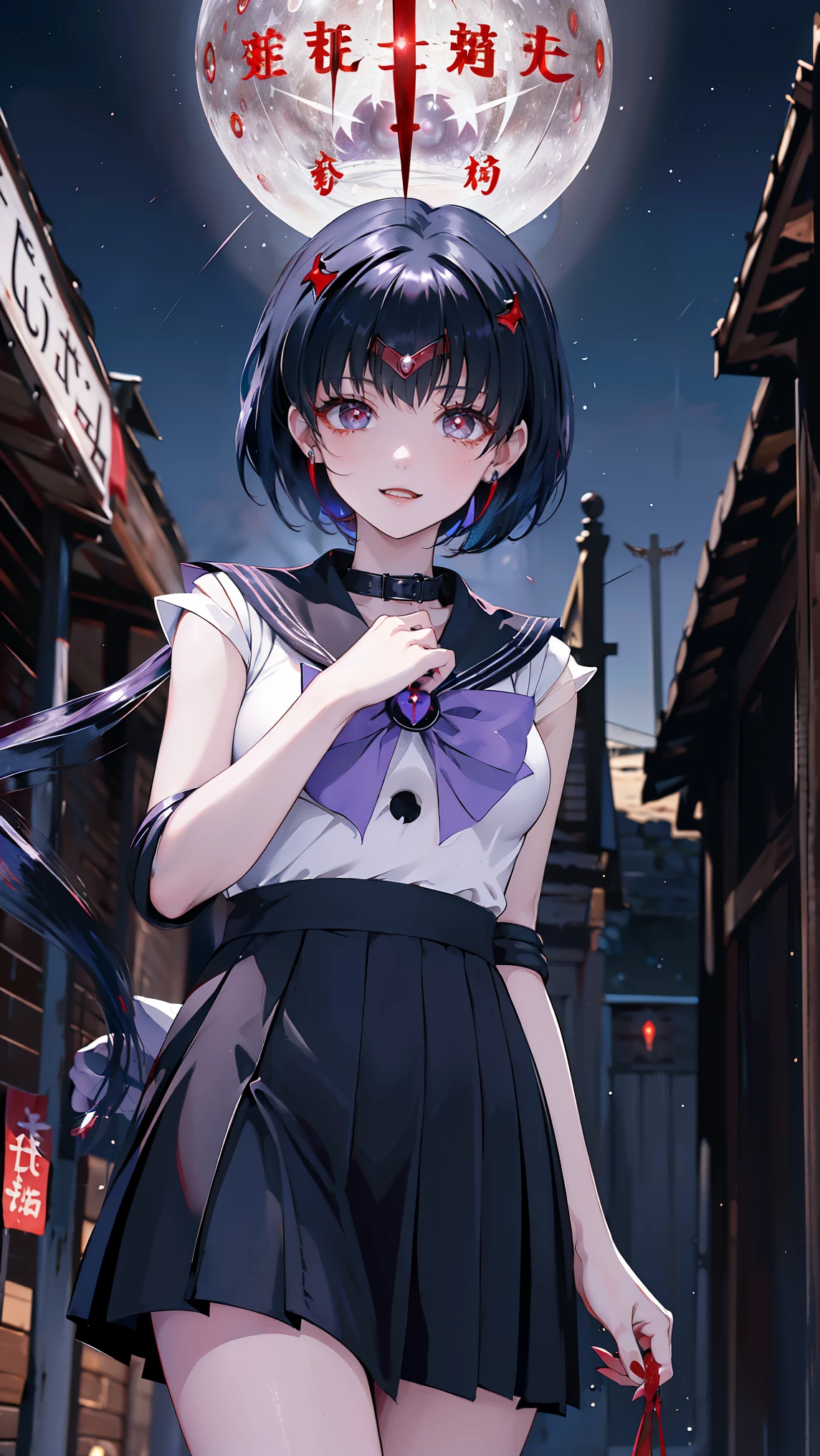top quality、 high resolution、 Dark Fantasy Art。 A girl, Sailor Mercury, appears as an enemy in front of her former friends。 that figure isn't her previous girlfriend 。She became an executive of an enemy organization 、 has a cold smile 、A collar with a strong brainwashing effect is attached to 。((A girlfriend who can completely turn into a vampire and use )) devil's magic。( jet black sailor suit)Swaying in the wind、( eyes that glow red and mysteriously ), covered with blood like a grim reaper, looks at his former friends。( her pupils changed to a vertical shape and freed you from the spell of :1.3)、The tips of my blue hair are dyed red like blood。 the girl who used to fight for justice、Now he stands as an executive of an enemy organization、Turned on the side of killing former comrades。
( she has narrow eyes dyed red like blood )、 she walks up slowly with a crazy smile on her face 。『It's been a while、 Salem Moon was doing well?I'm here to kill you』 the girl who used to fight for justice 、 creates a tense atmosphere 。I((Evil Dead: Dark Sailor Mercury:1.3))
(A hill with a night view)