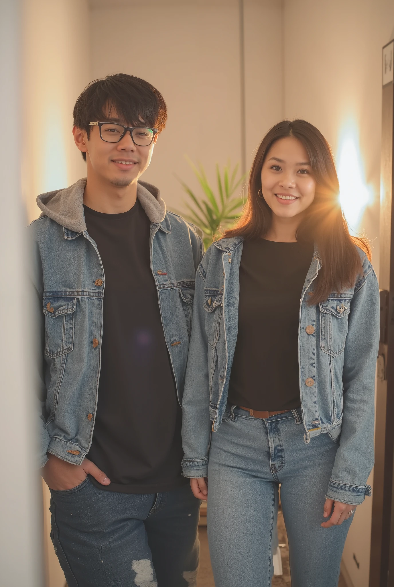 handsome man wearing glasses , 30 years old, black medium hair swept fringe, thin, wearing a denim hoodie jacket, black t-shirt, jeans, sneakers, next to him is a beautiful woman, Indonesian artist, wearing modern feminine clothes, posing cheerfully, warm atmosphere, in a narrow room with white walls, daylight, very realistic, looks real, very detailed