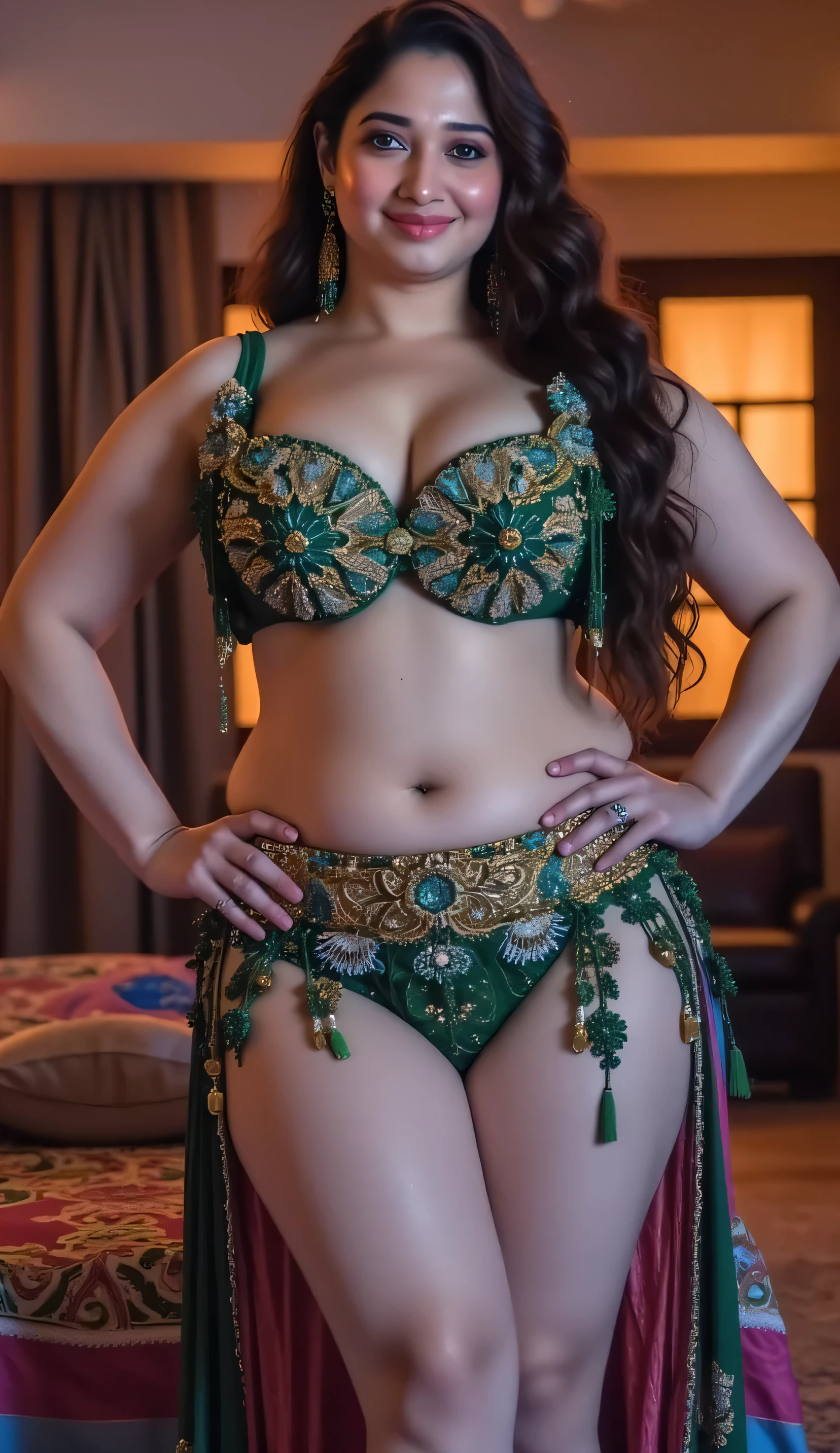 tall hot slim thick healthy curvy physique body white skin toned south indian white skin curvy girl with long black hair, thick thighs, woman wearing Tamanna Dress, in skyscraper apartment bedroom, ultra hd photo, 4k picture, looking at camera, old dark skin indian half bald man wearing bathrobe, simple pose, woman with small simple bindhi,woman looking at camera, close-up full body view